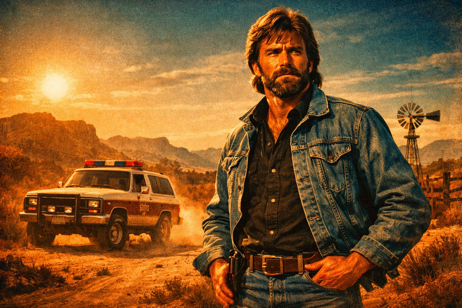 Chuck Norris as a rugged 80s action hero in a sun-drenched Texas landscape.