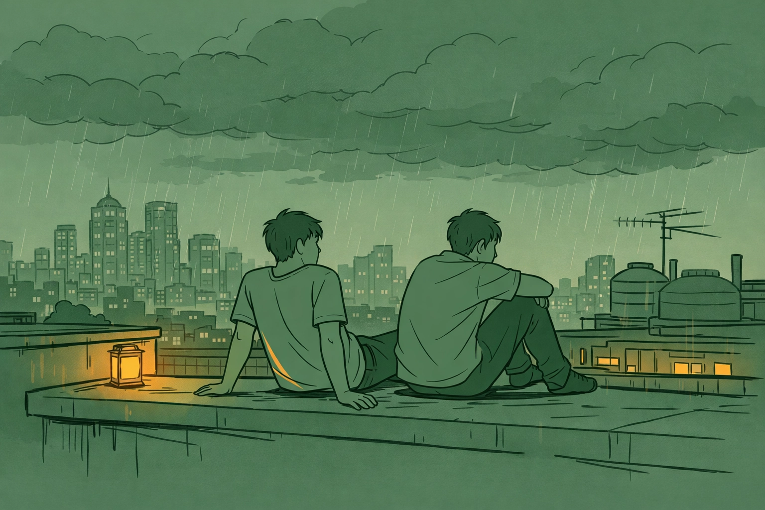 Two men on Mumbai rooftop during monsoon evening in contemporary gay romance exploring family bonds