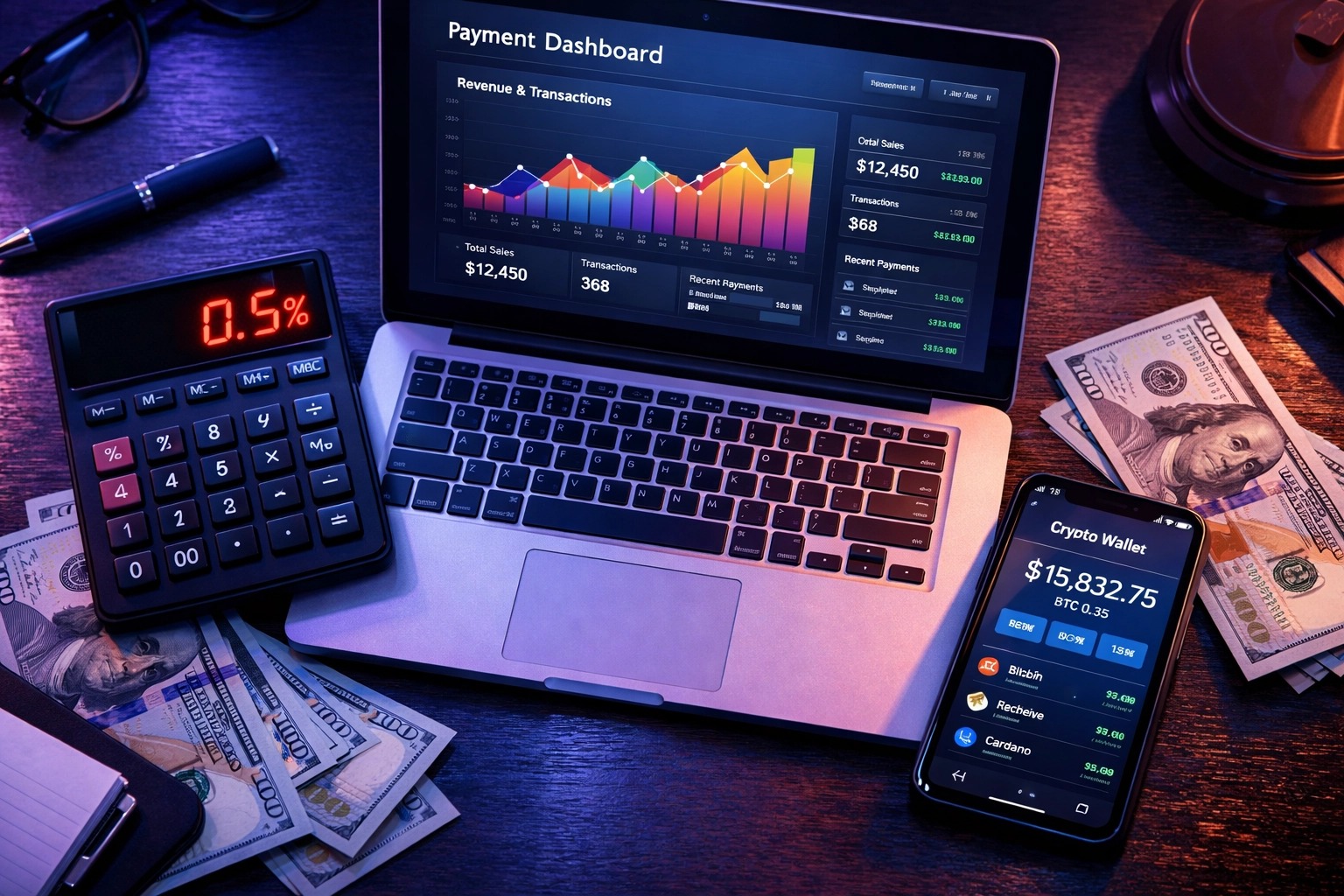 Business owner calculating NOWPayments 0.5% crypto payment fees on dashboard with calculator