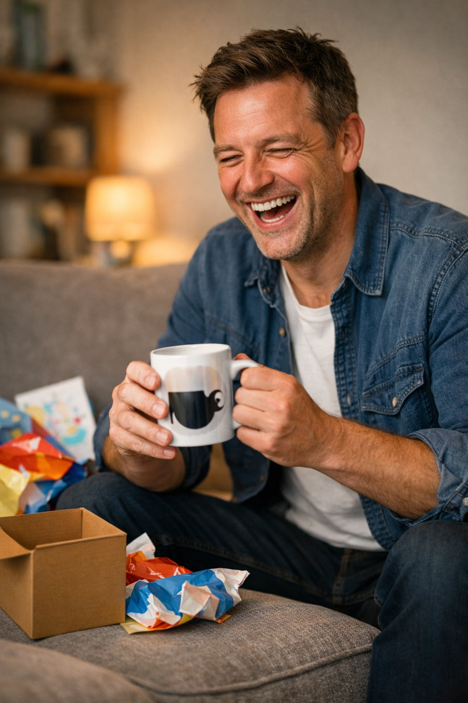 A man laughing while opening a novelty mug, demonstrating the appeal of funny gifts for men.