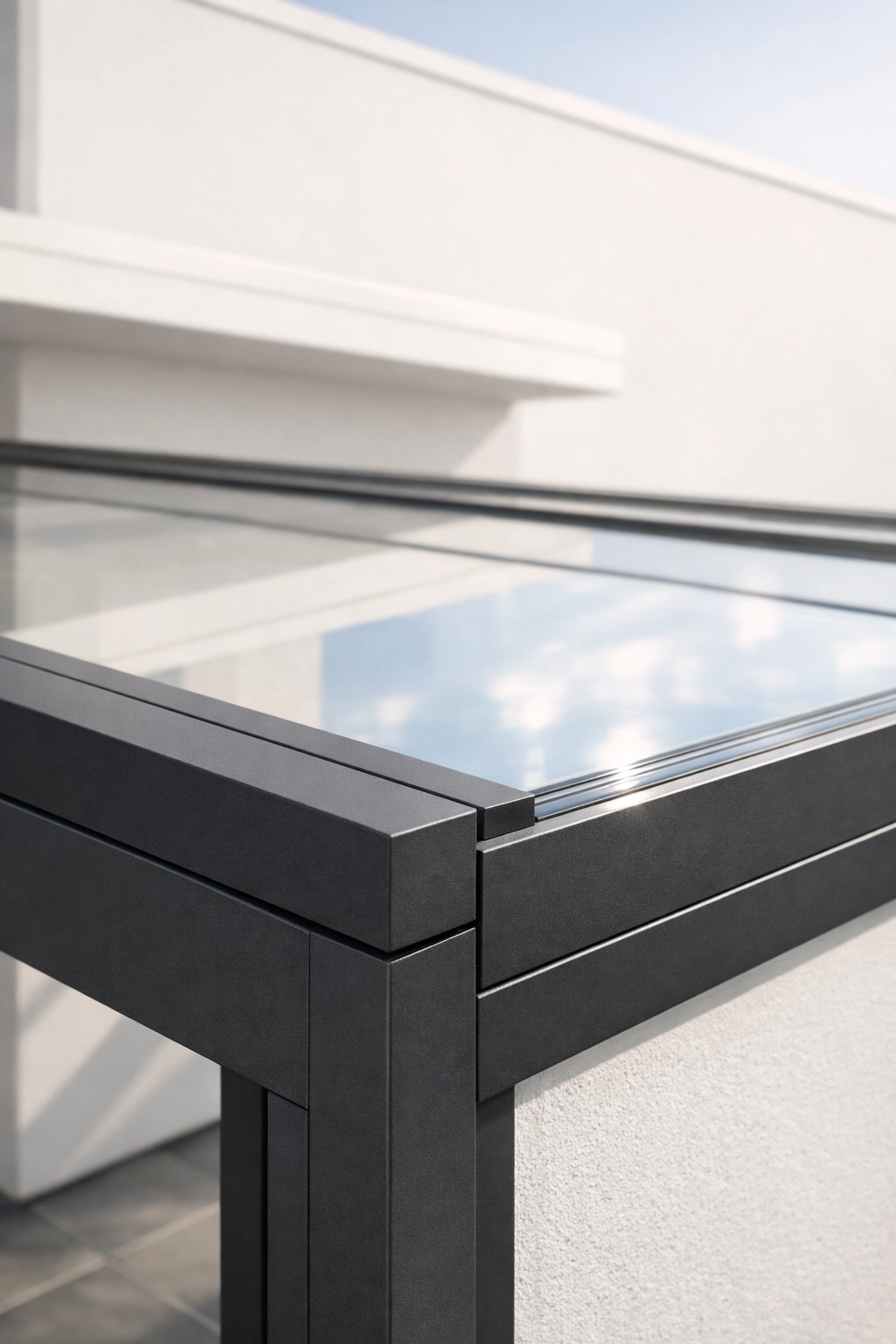 Moderne Terrassenüberdachung Wien: Detailansicht eines Glasdachs mit elegantem Aluminiumrahmen.