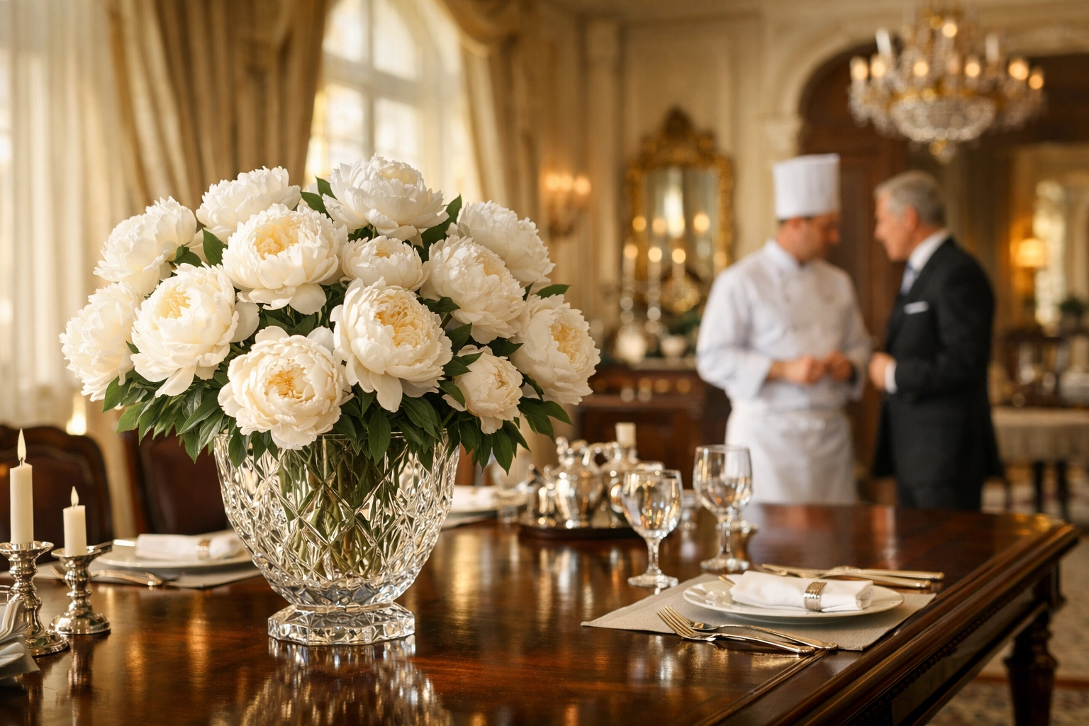 Professional chef and house manager aligning standards in a grand luxury estate dining room.
