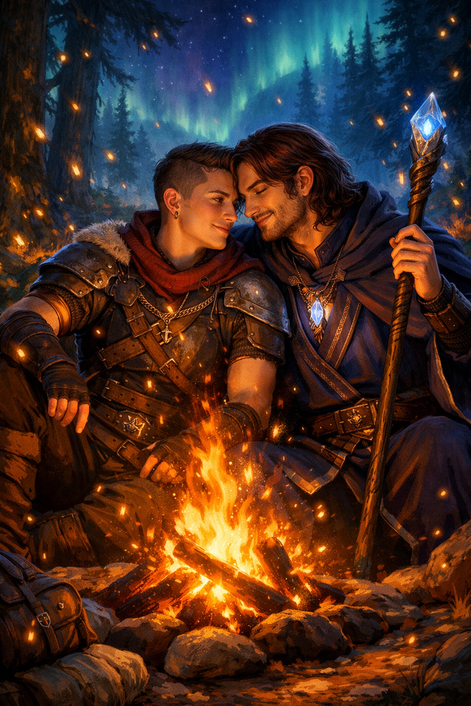 An MM fantasy romance scene with a trans warrior and mage by a campfire in a magical forest.