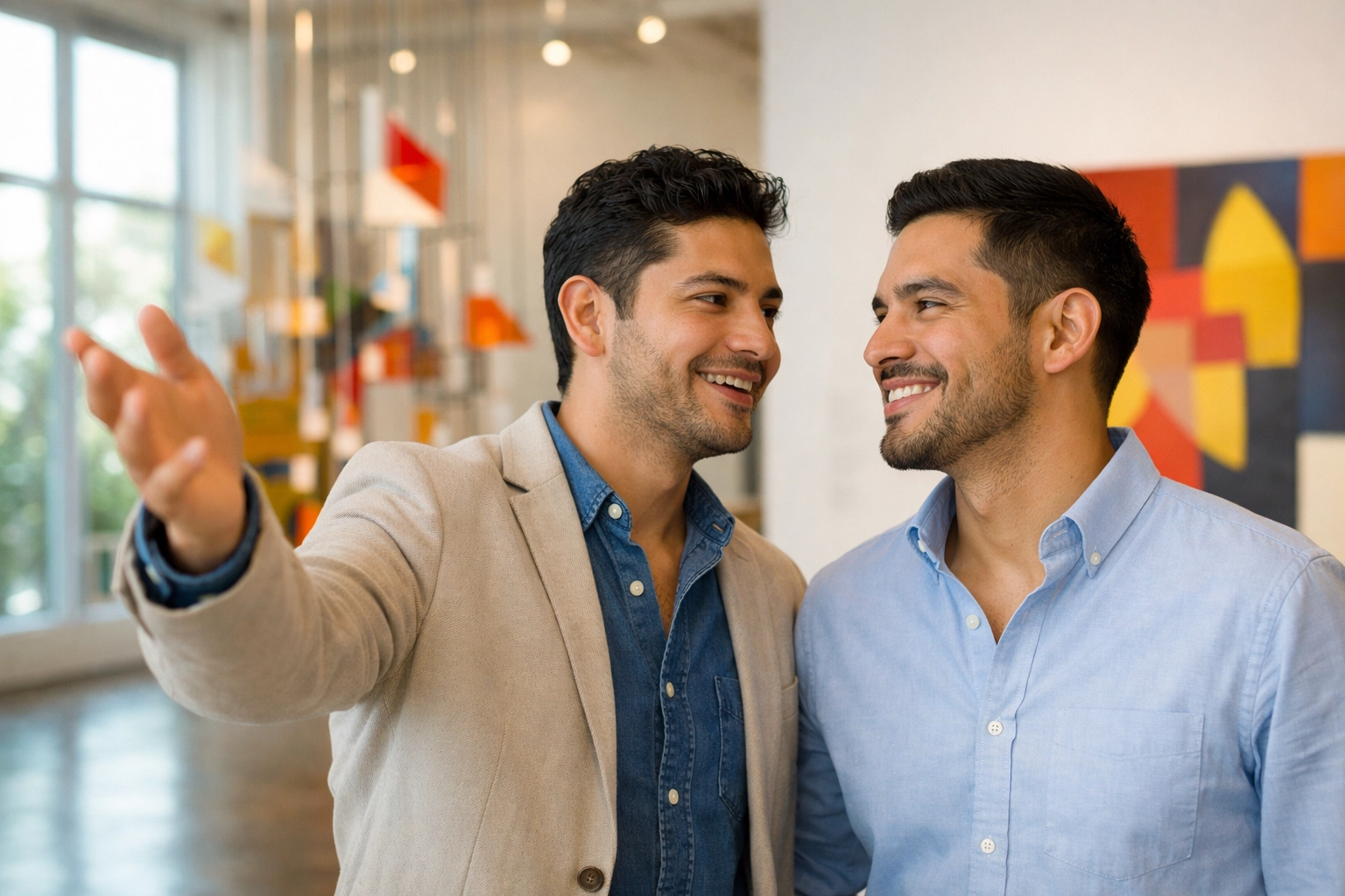 Gay couple connecting at contemporary art museum in Monterrey, Mexico