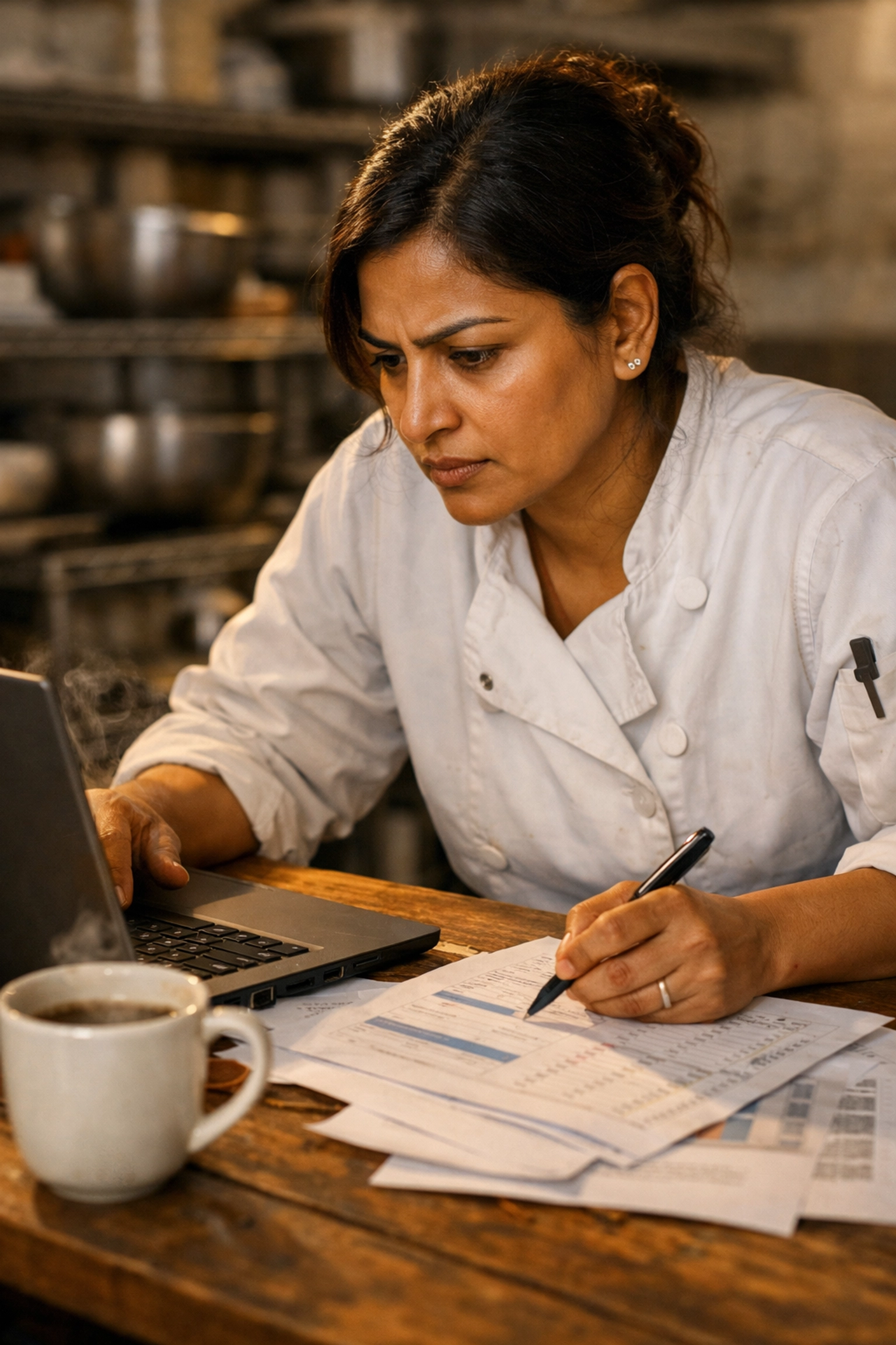 Restaurant founder analyzing financial data and break-even points for a feasibility study restaurant plan.