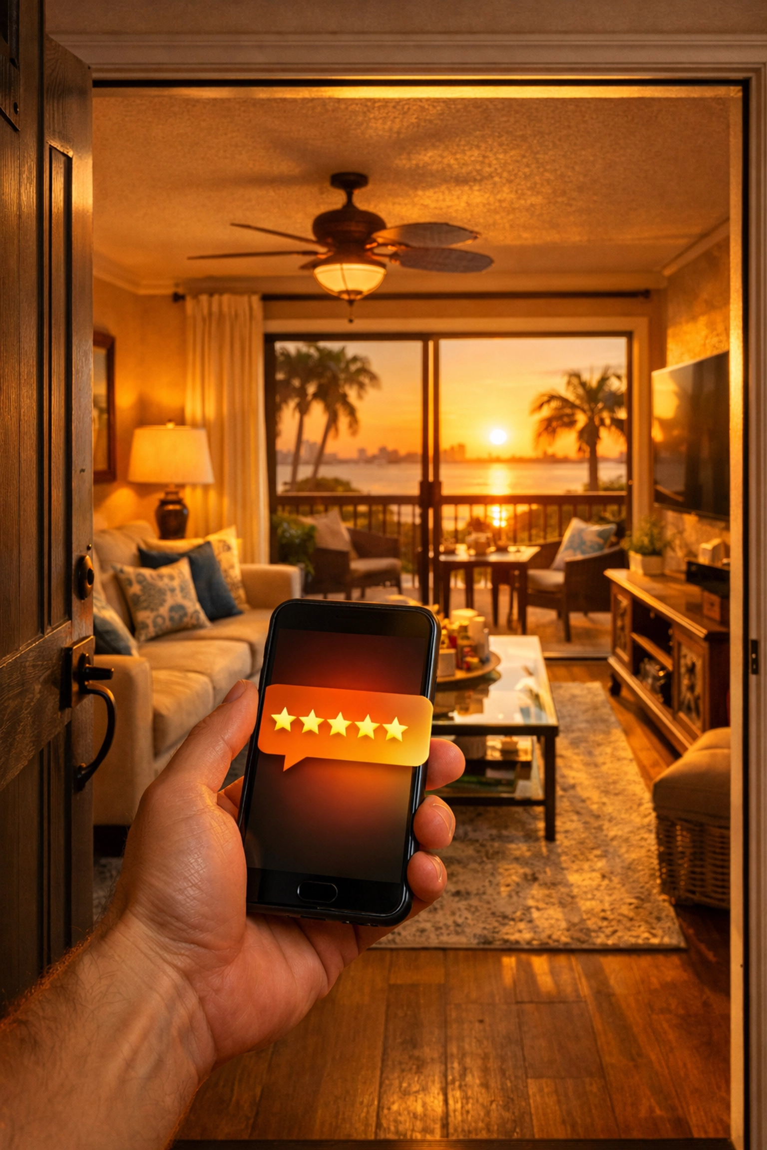 Guest entering a spotless Tampa Airbnb with a five-star review notification on their smartphone.