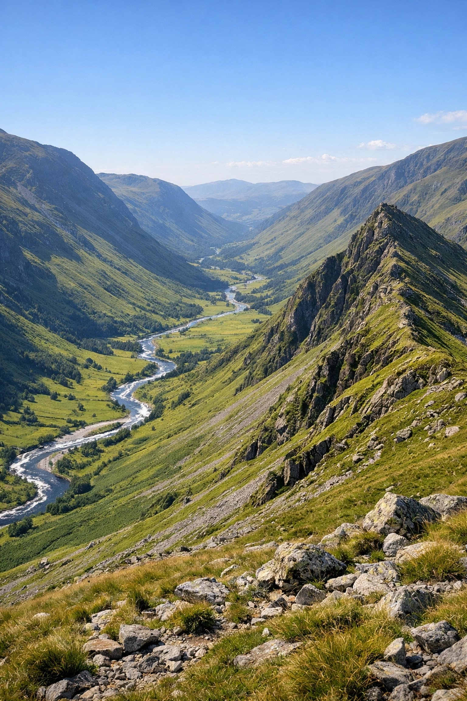 Glacial valley in the Lake District showing a river and mountain ridge as natural landmarks.