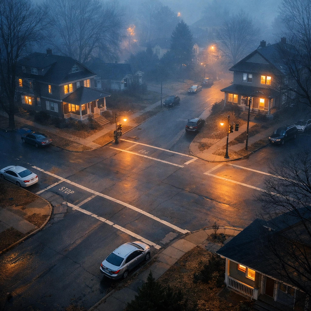 Aerial view of Minneapolis neighborhood intersection at dawn with residential homes