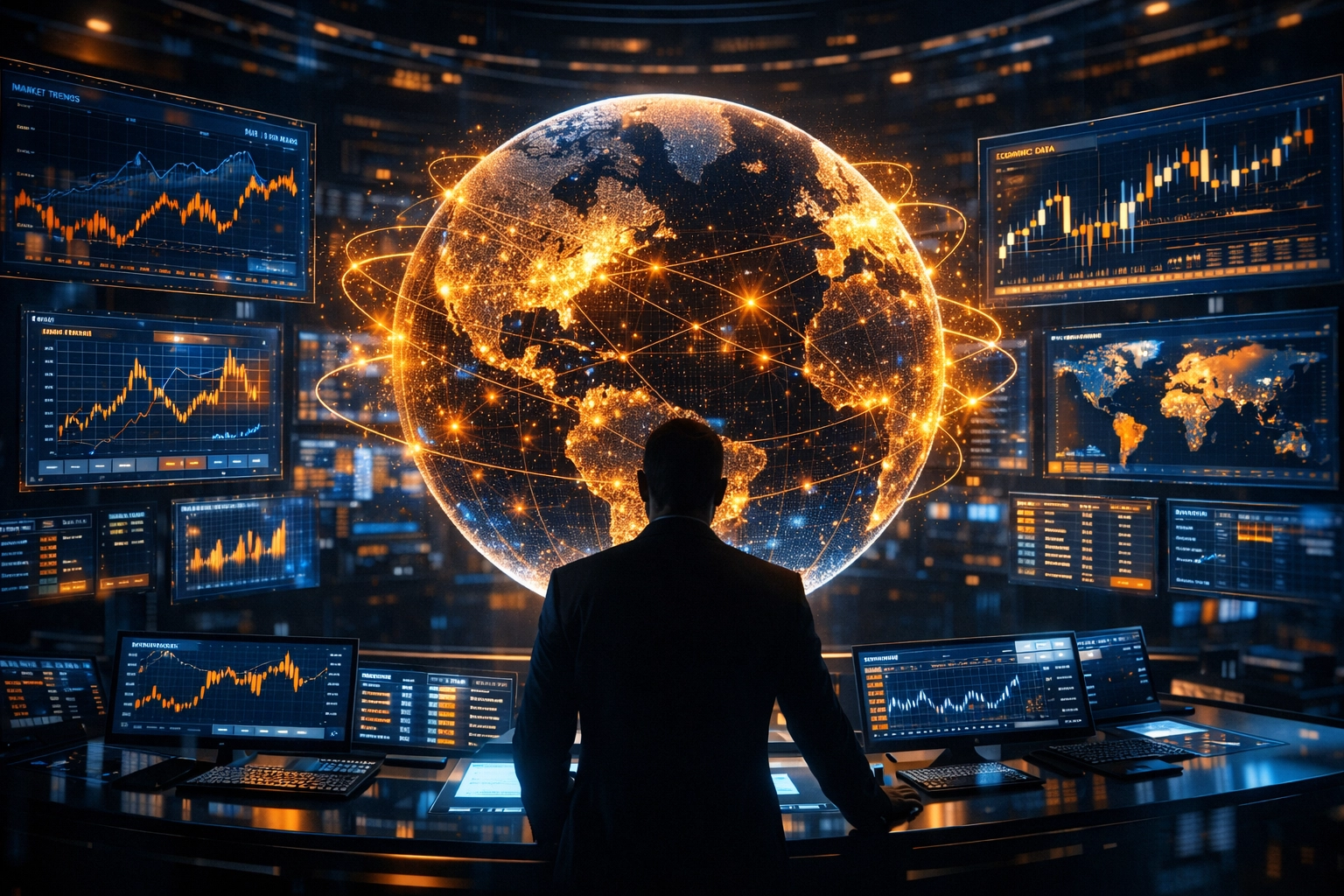 Digital financial command center monitoring global supply chain transparency and payment regulations.