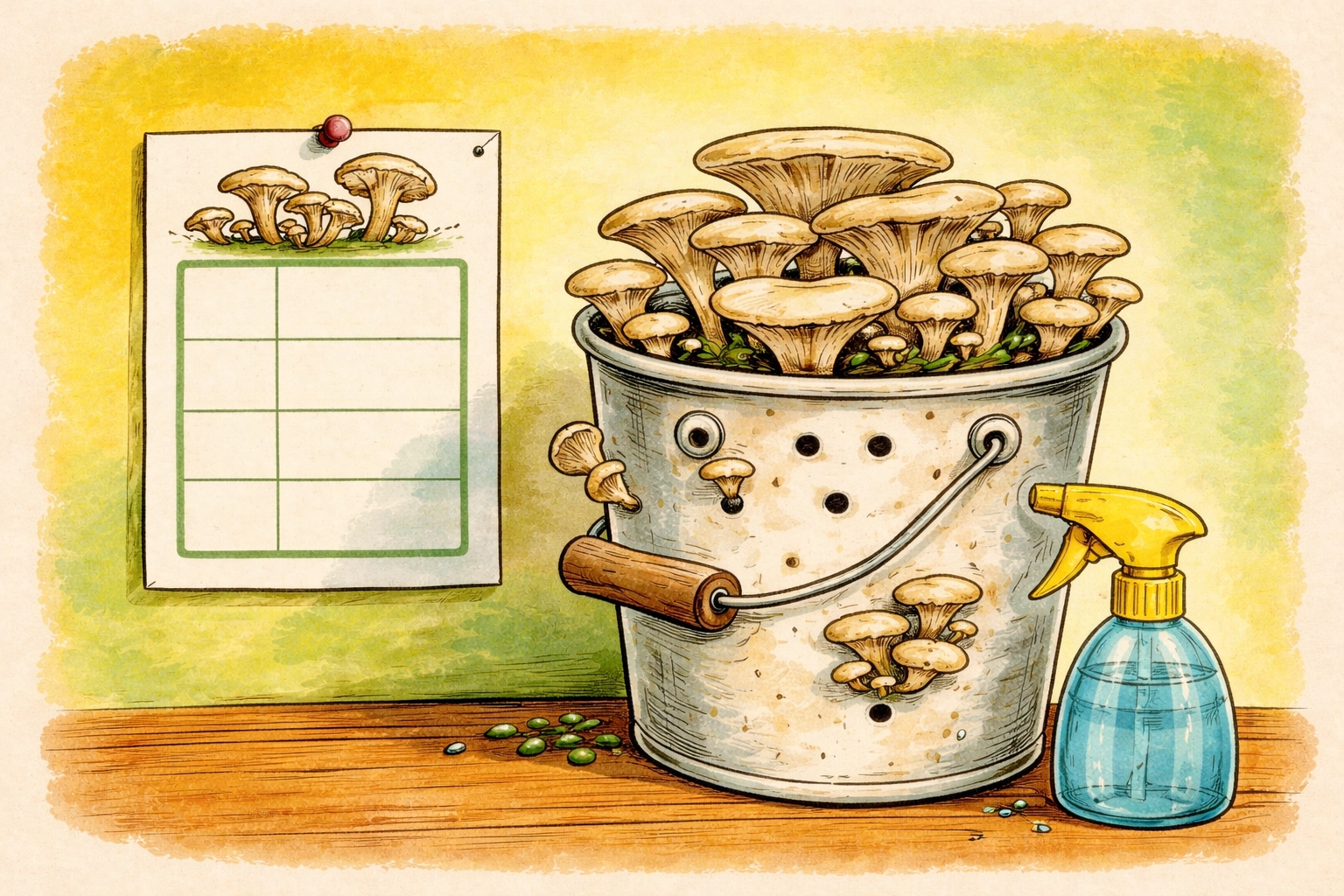 Whimsical storybook illustration of a mushroom bucket with a spray mister and tiny mushrooms emerging