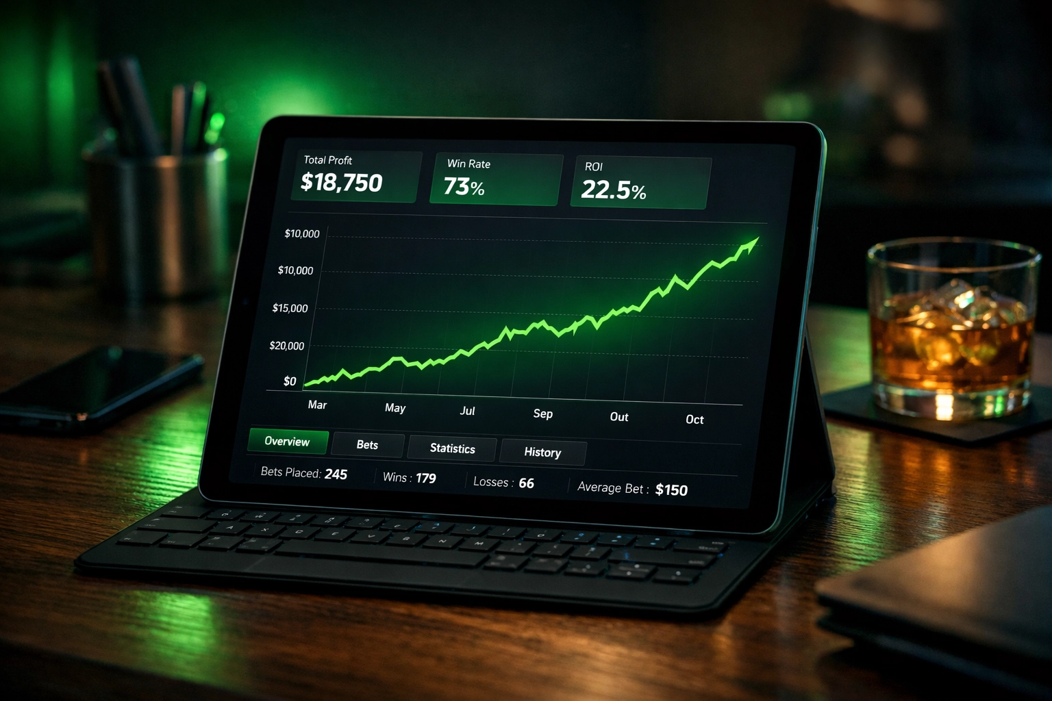 A tablet displaying an upward-trending profit graph from AI-driven sports betting strategies.