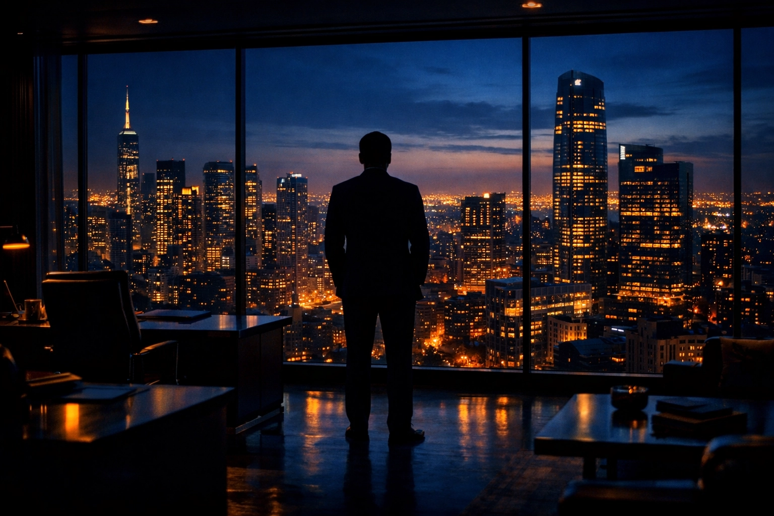 Executive leader overlooking a city skyline at twilight, symbolizing professional growth and visionary leadership.