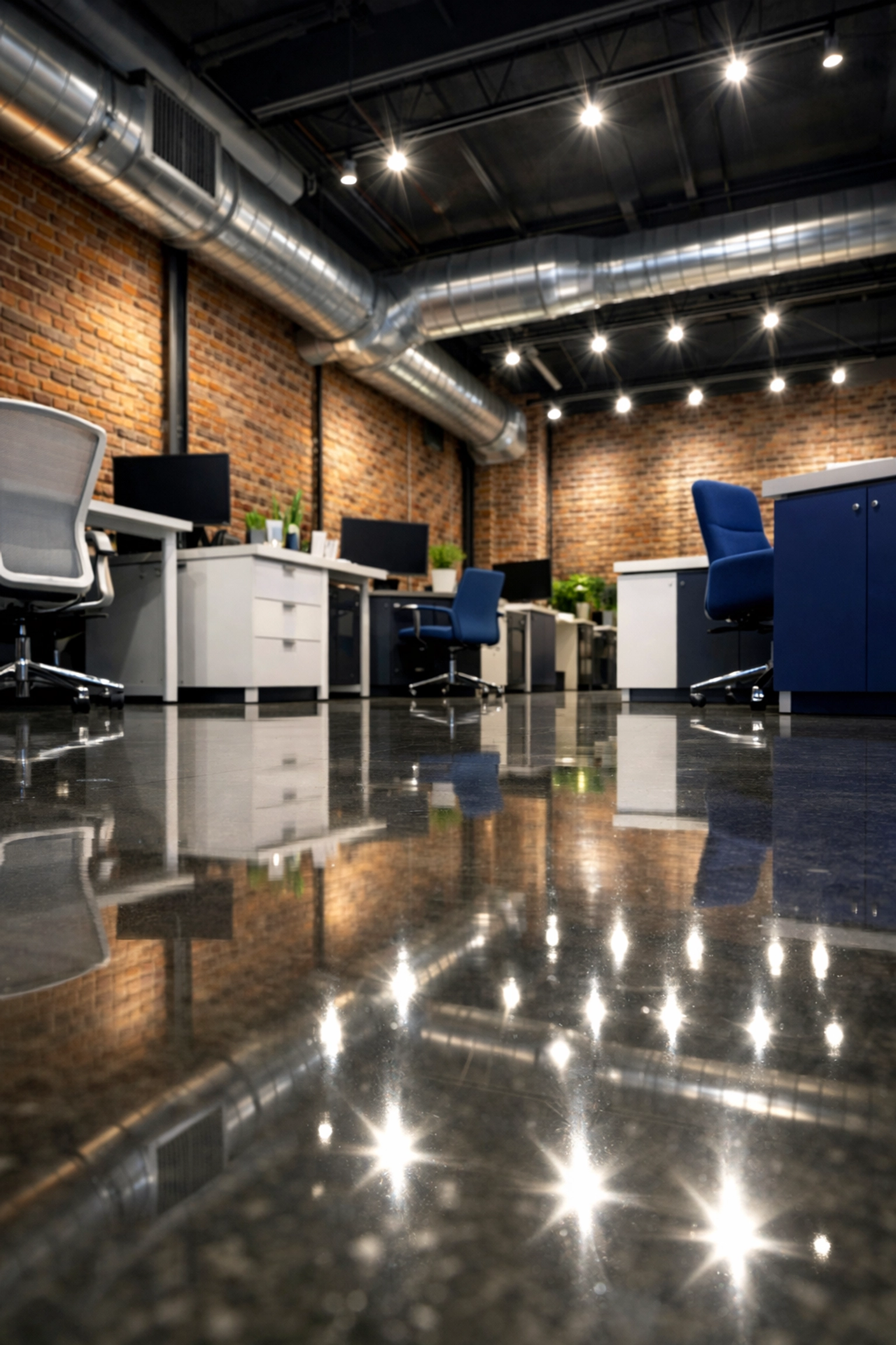 Polished concrete floors and clean industrial ductwork in a high-end Somerville architecture loft office.
