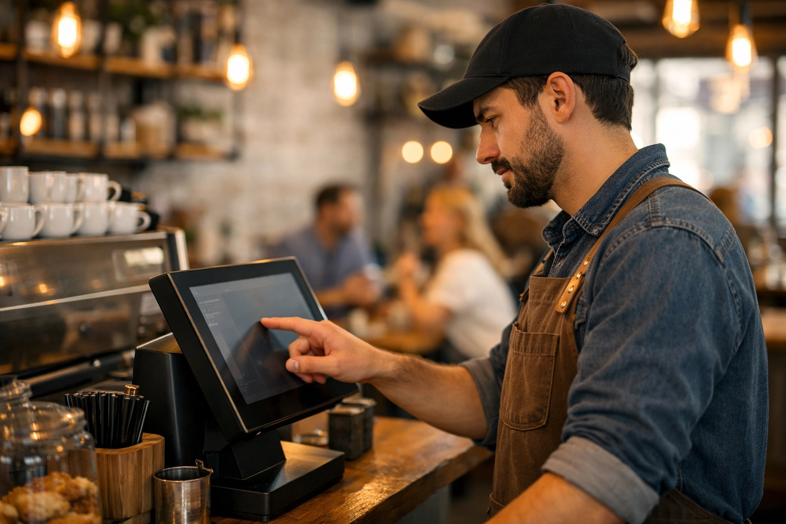 Barista processing a transaction on a sleek epos now till system in a busy urban coffee shop.