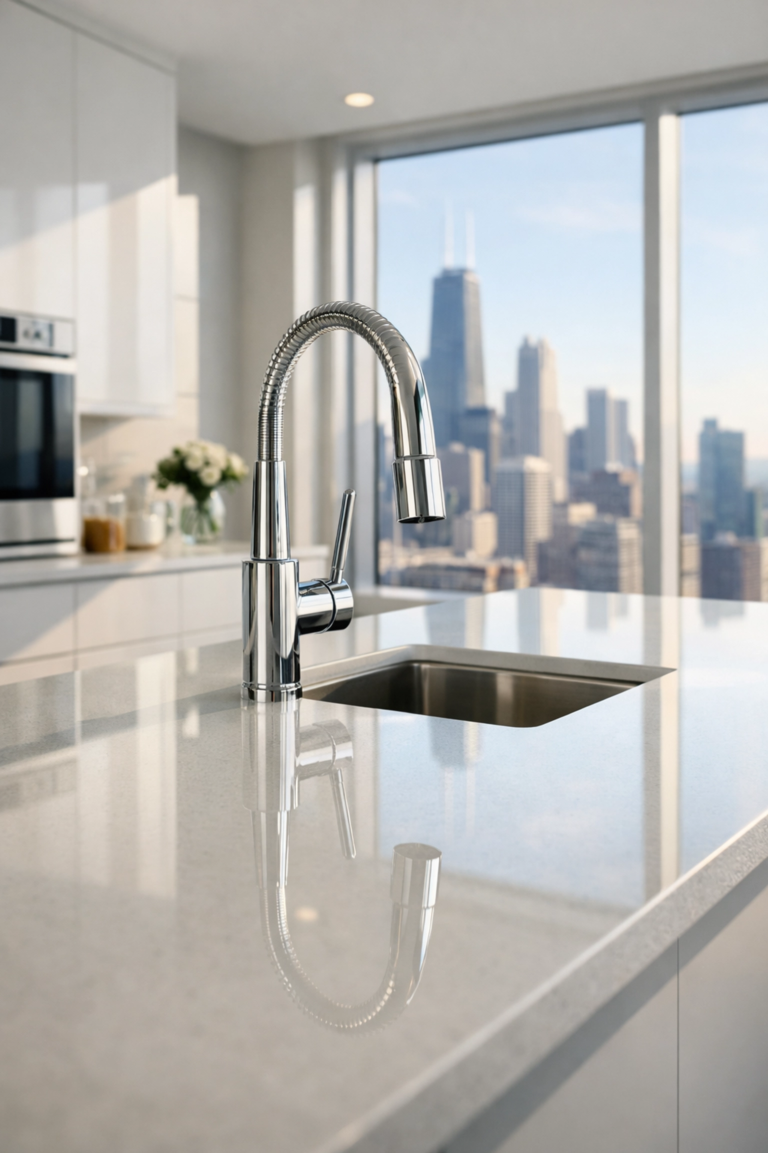 A professionally deep cleaned luxury apartment kitchen in Chicago ready for a new tenant turnover.