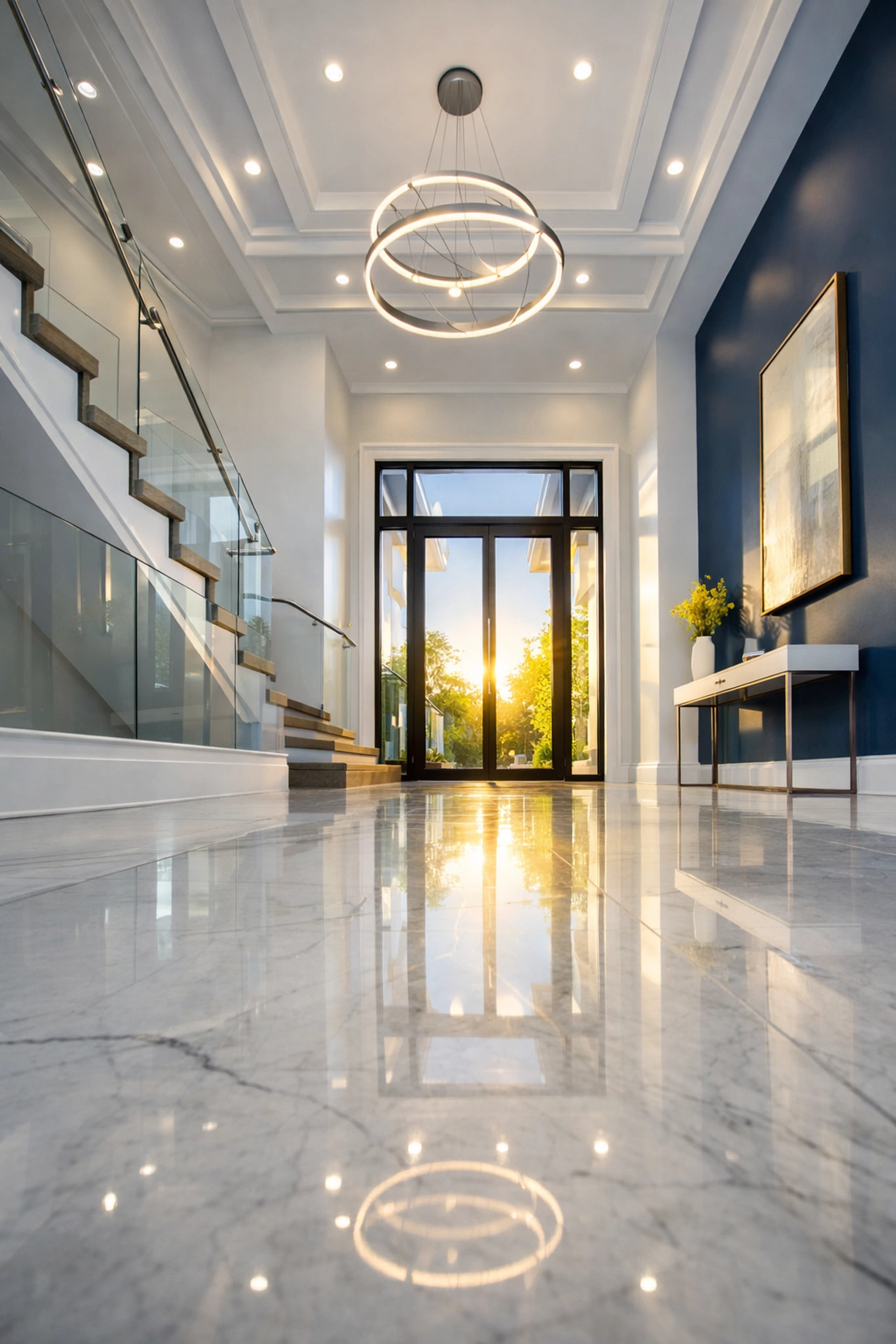 Spotless entryway with polished stone floors from the best deep cleaning services near me in Massachusetts.