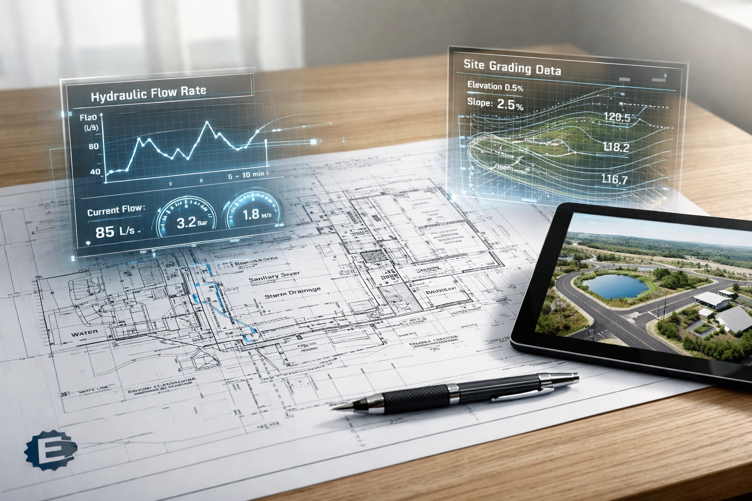 Detailed site servicing plans and hydraulic modeling data for an Ontario engineering project.