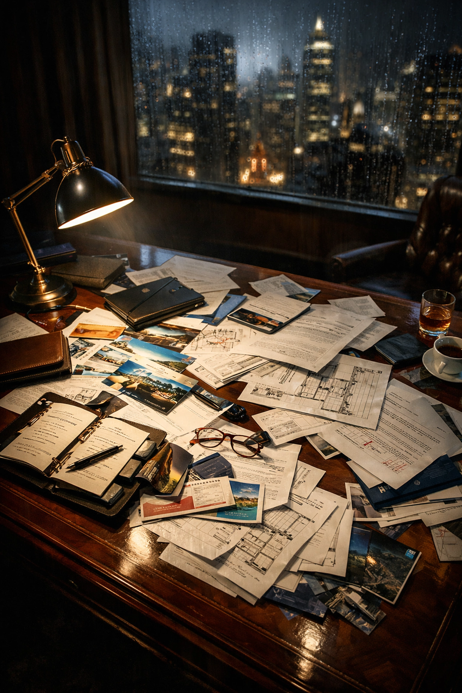 Cluttered executive desk with travel plans and blueprints showing fragmented family office logistics.
