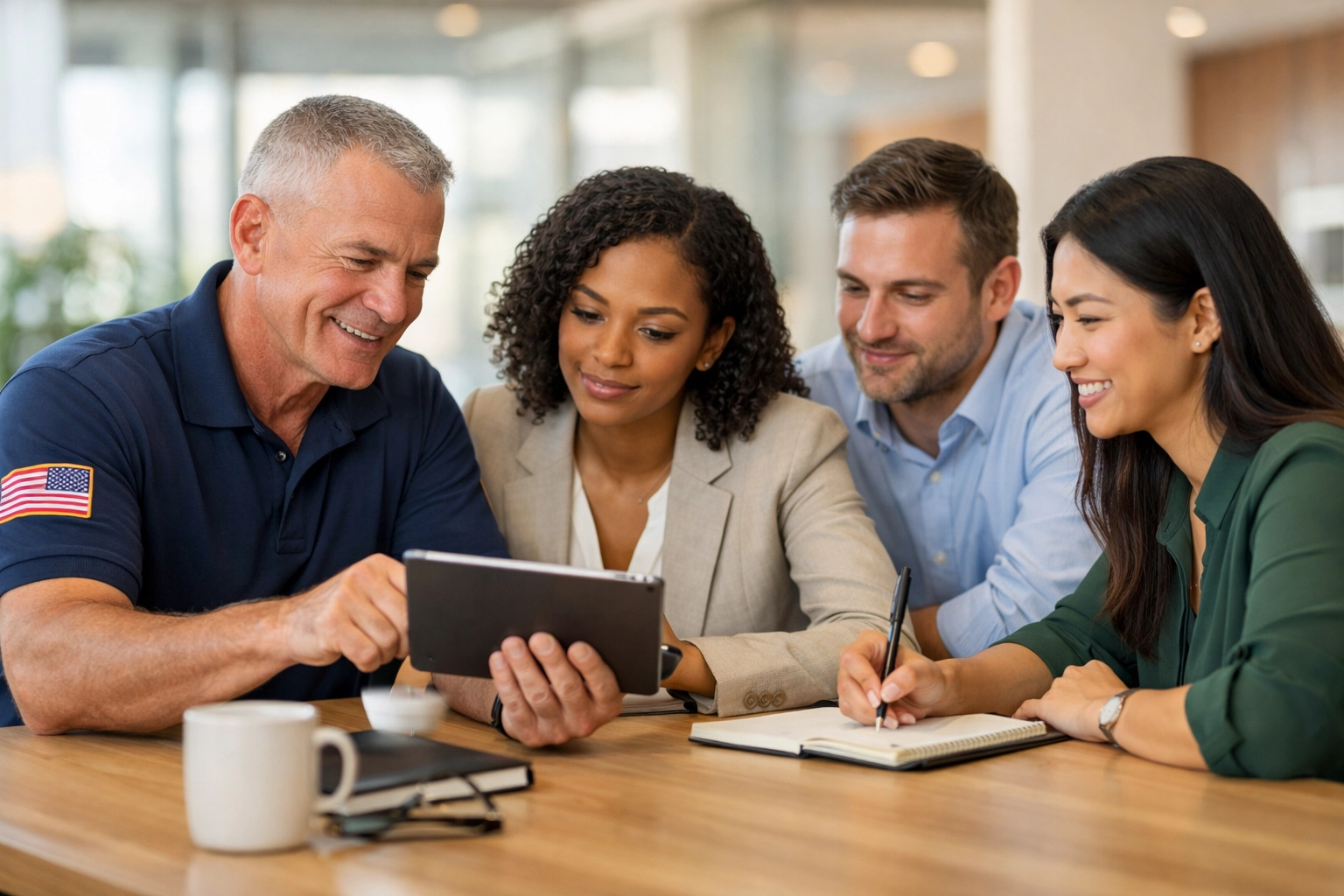 Veterans and professionals collaborating in a modern office for workforce development and leadership training.