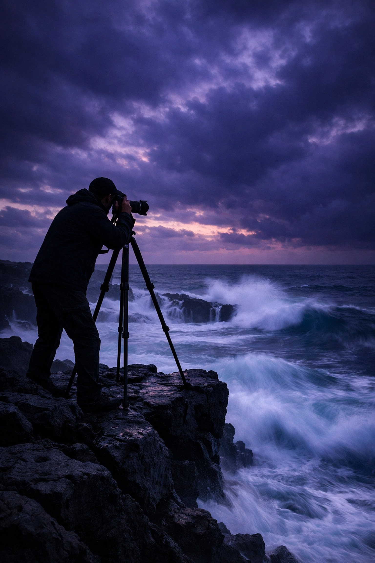 A silhouette of a photographer on a cliff using a tripod for masterfully exposed manual mode shots.