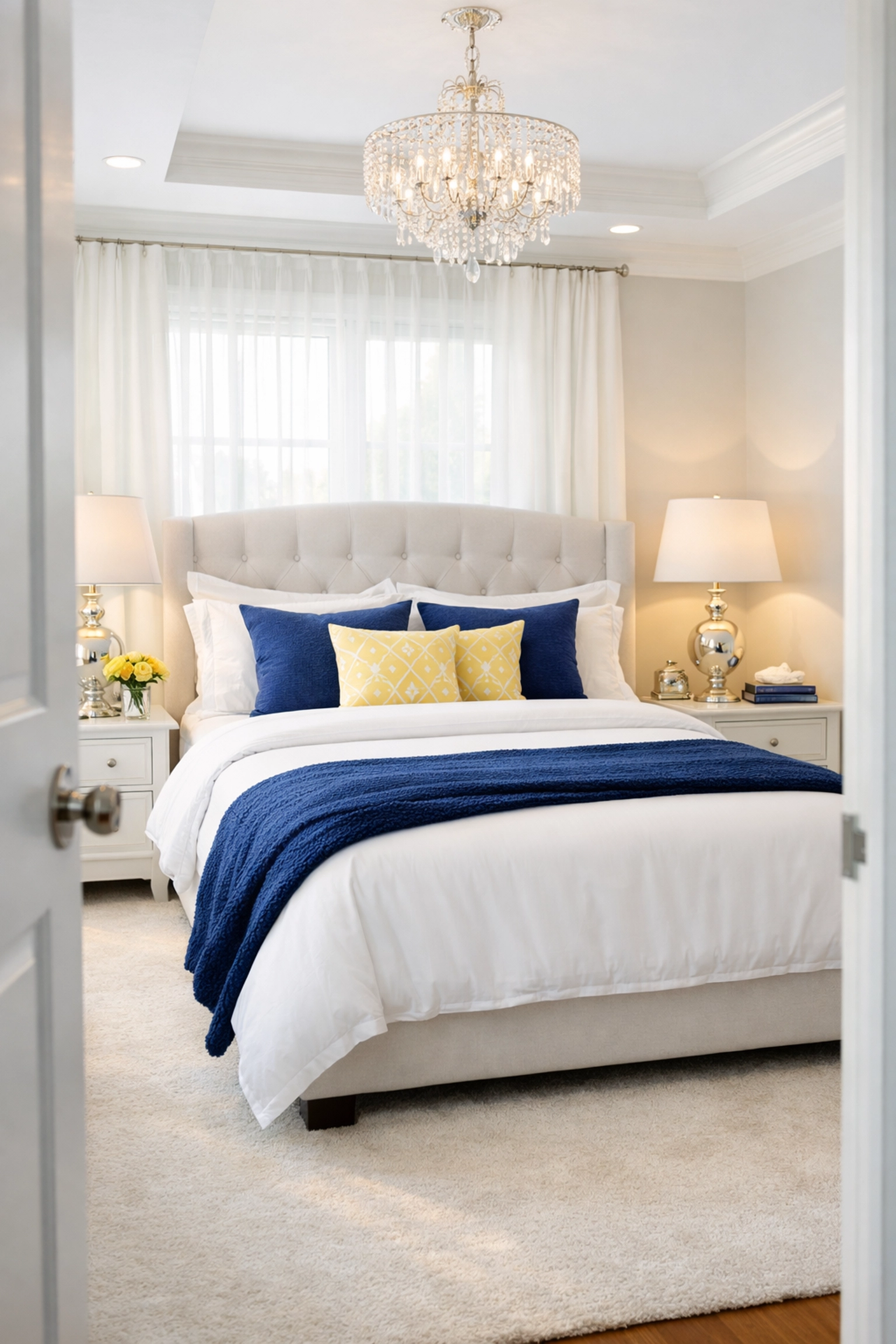 A luxury bedroom with dust-free surfaces and crisp linens after a house cleaning Ashby deep clean.