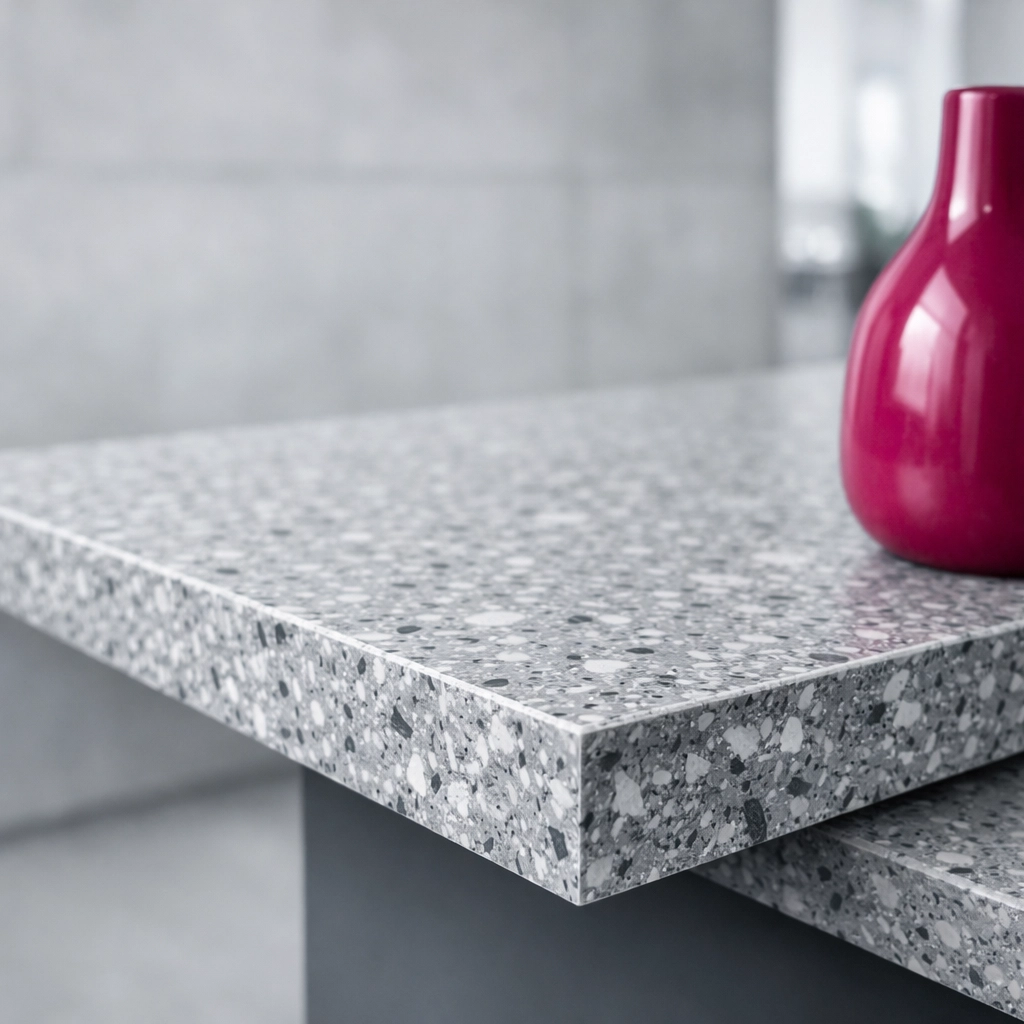 Sustainable office table corner made from recycled plastic panels in a modern commercial fit-out.