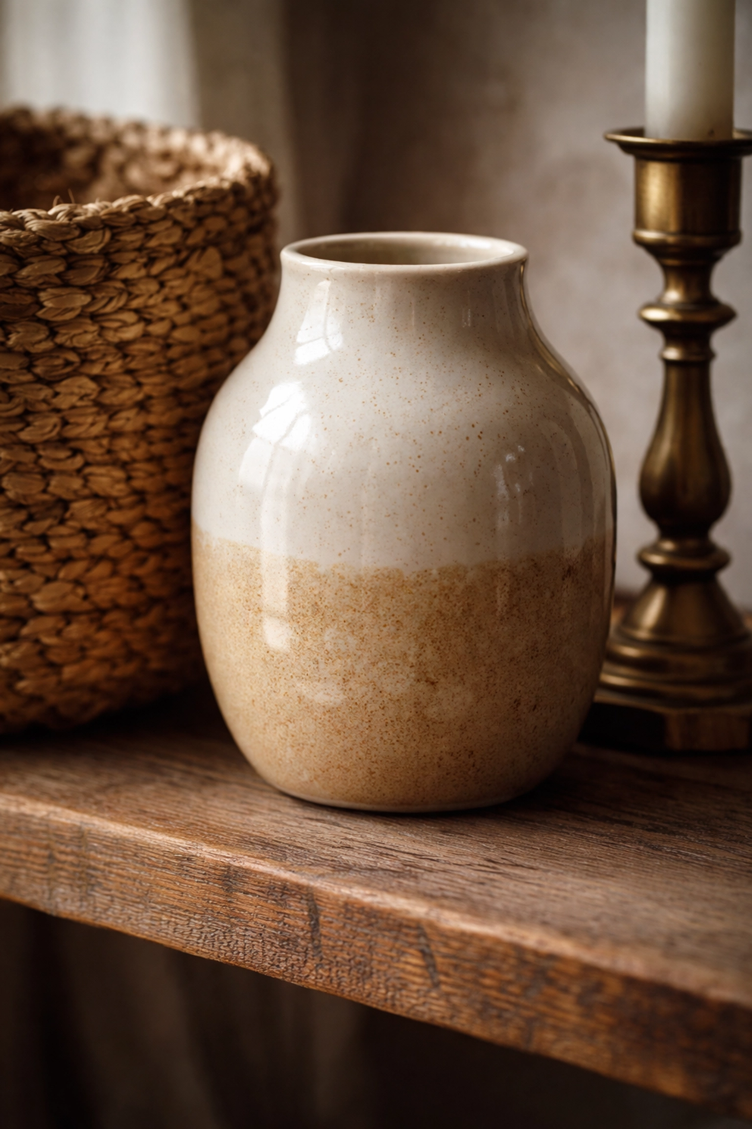 Close-up of matte woven basket and glossy ceramic vase, illustrating contrast in handmade decor finishes