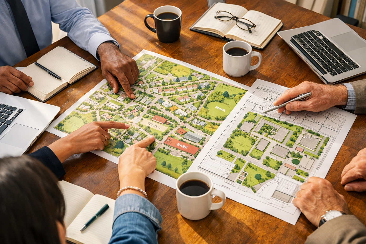 Consultants and community leaders collaborating on local development projects with a strategic map.