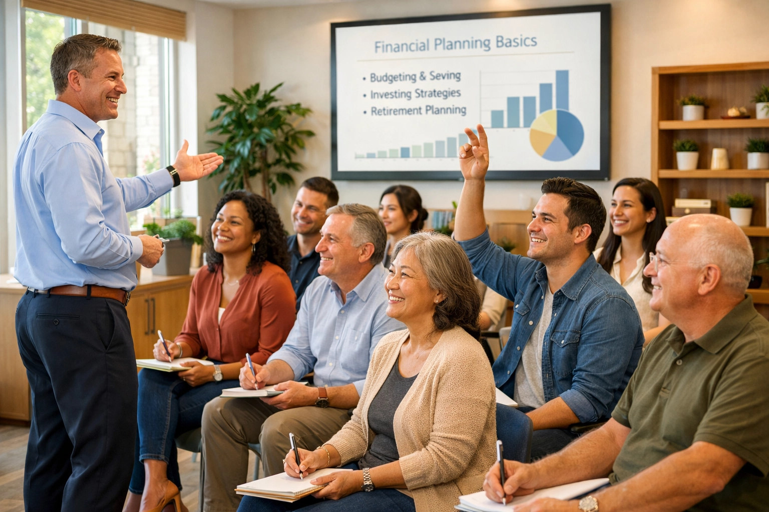 Employees attending retirement plan education seminar with financial advisor in training room