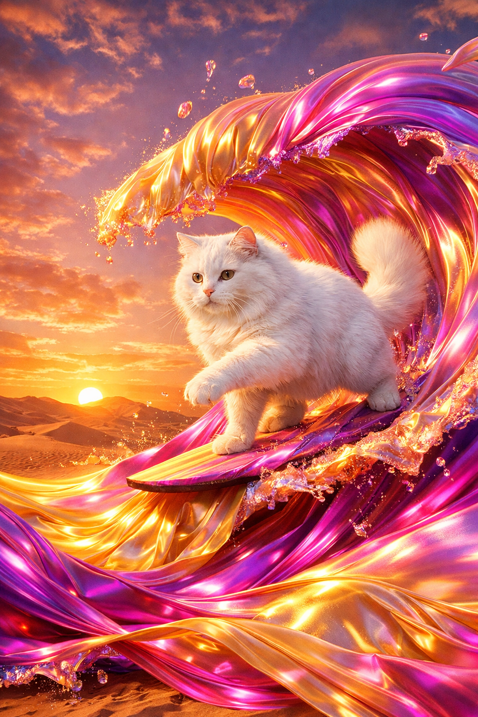 Creative AI video style transfer showing a white cat surfing on colorful silk waves in a desert.