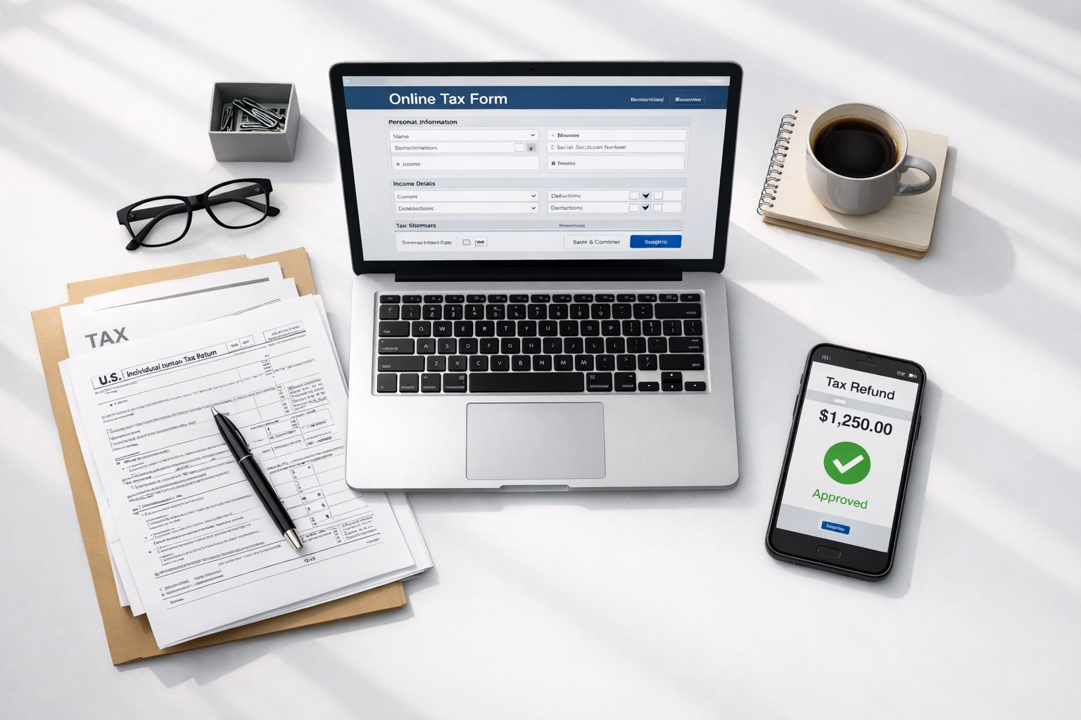 Organized tax preparer desk with digital intake forms and tax documents for efficient ERO workflow