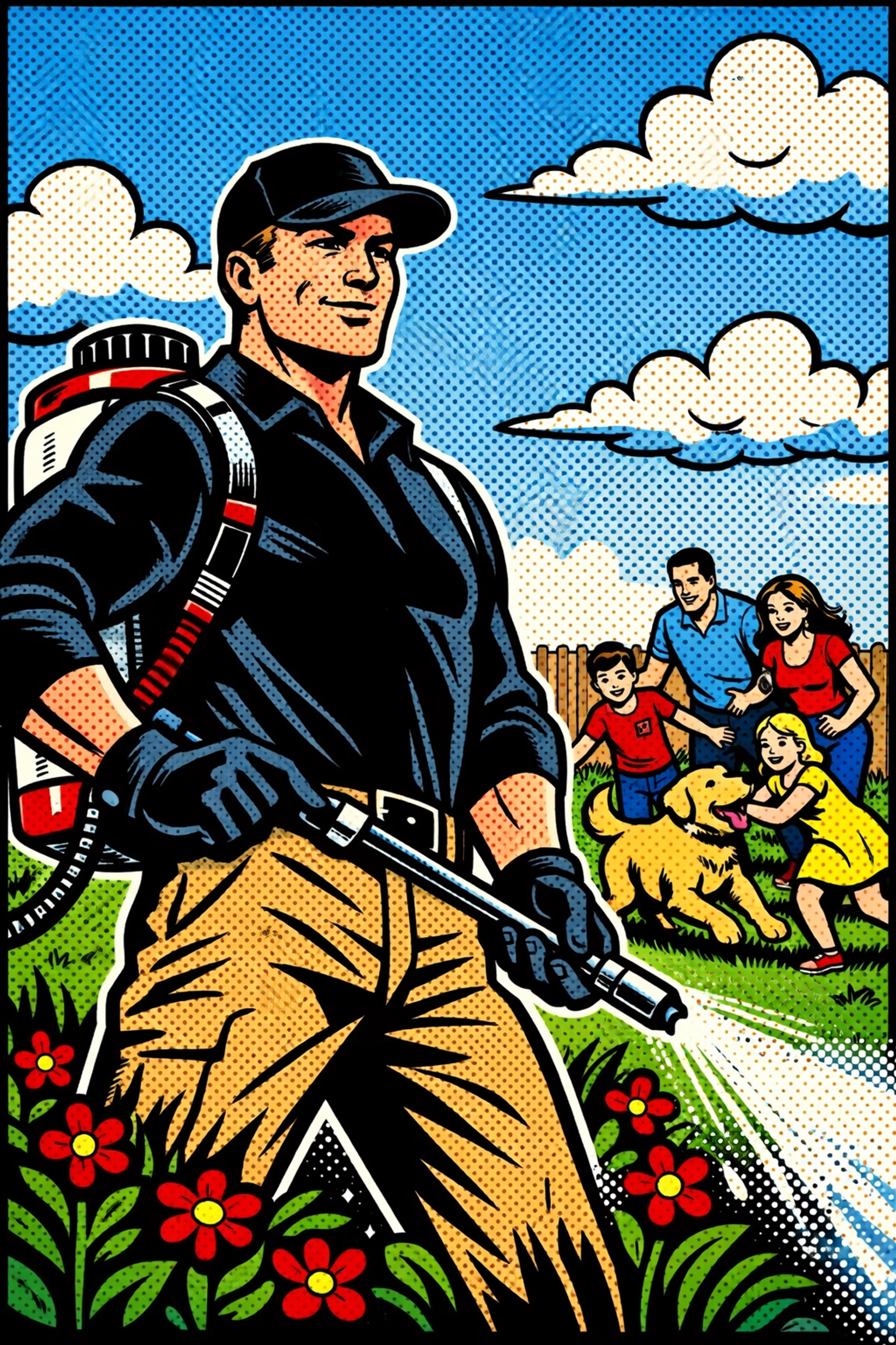 Professional pest control technician treating Jasper AL yard for fleas and ticks with family and dog