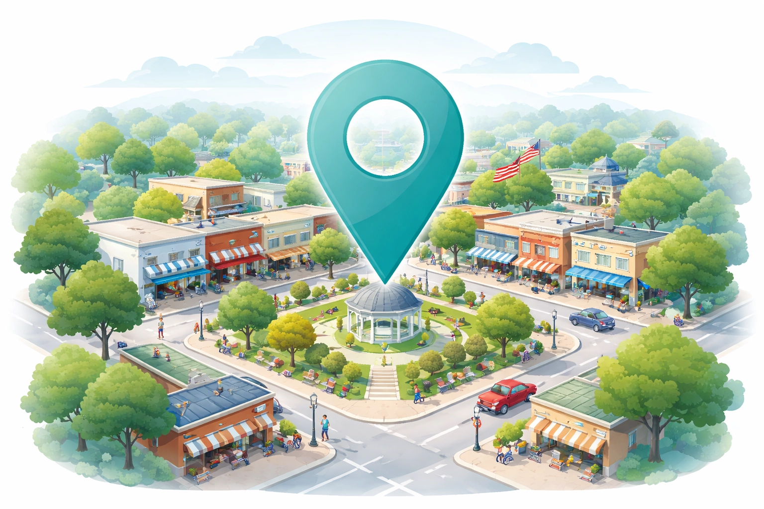 A stylized aerial view of downtown Alpharetta with a teal location pin, highlighting the importance of local market knowledge for Alpharetta marketing agencies.