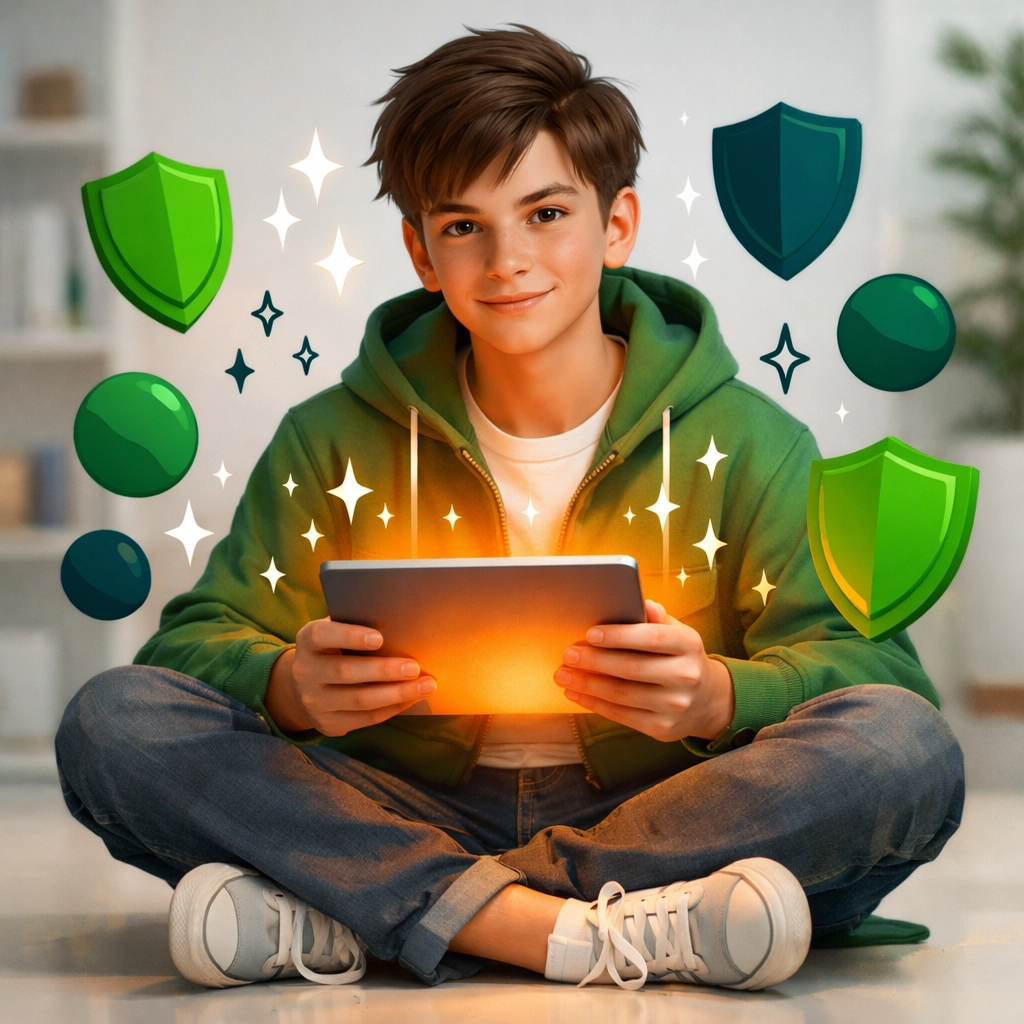 A confident teen using a tablet, representing digital safety and wisdom on the life skills platform.