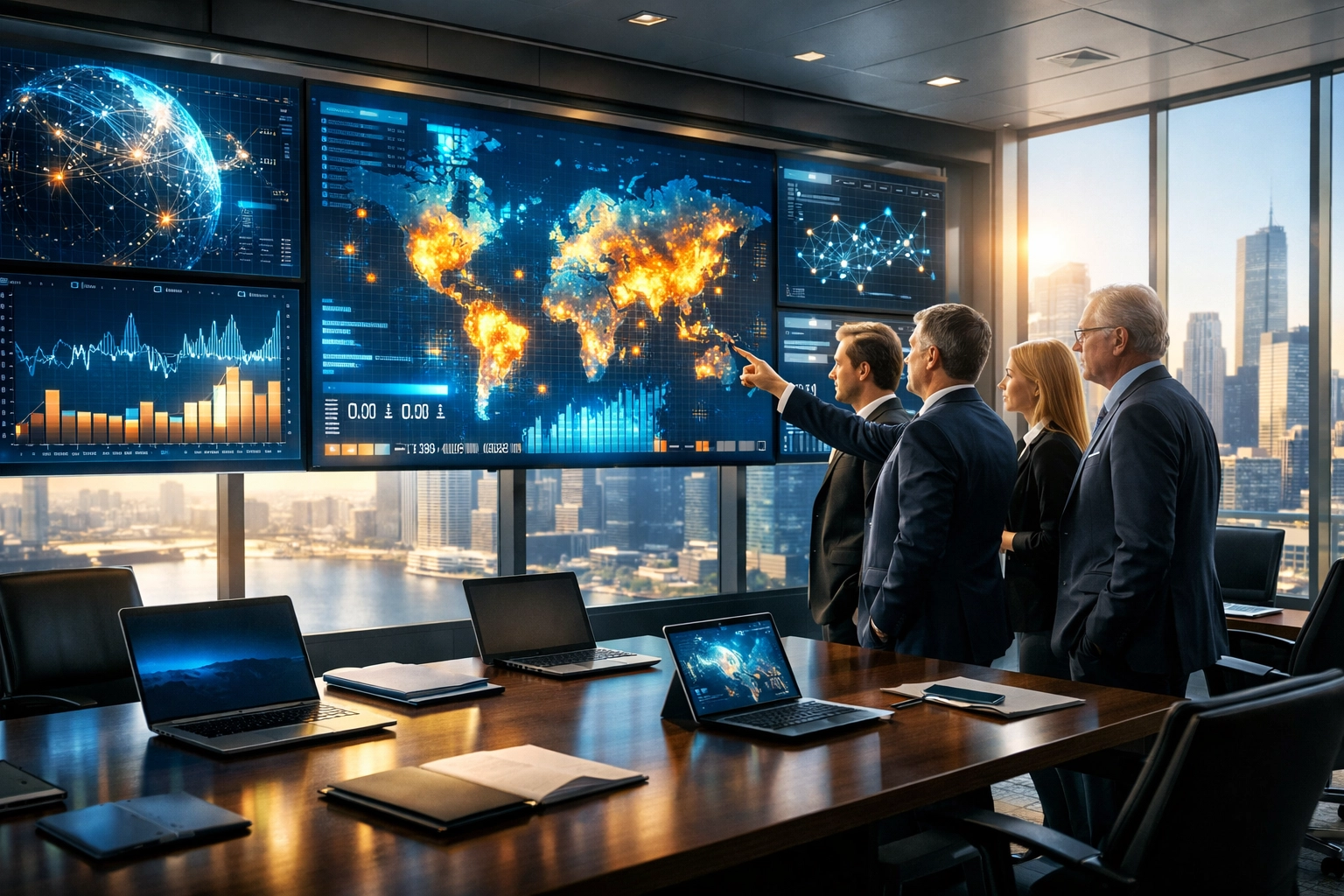 Corporate executives planning a Super Bowl brand visibility strategy in a modern high-tech command center.