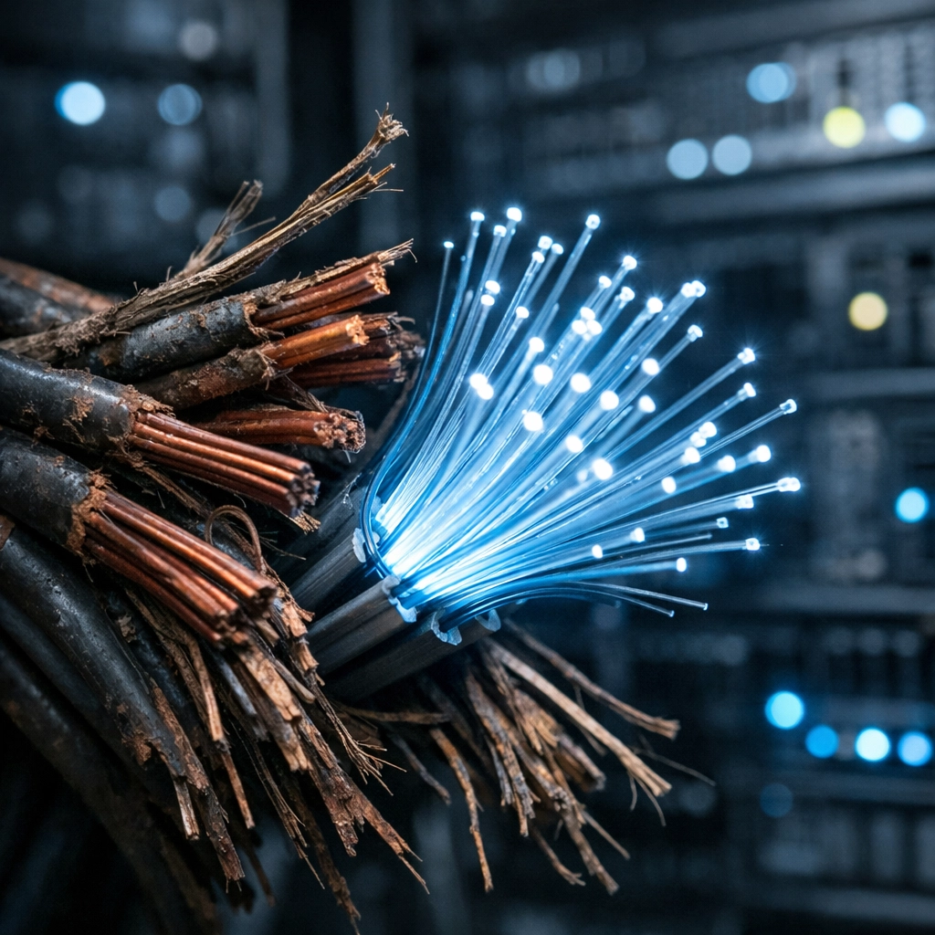 Legacy copper phone lines being replaced by modern fiber optic cables during the 2026 copper sunset.