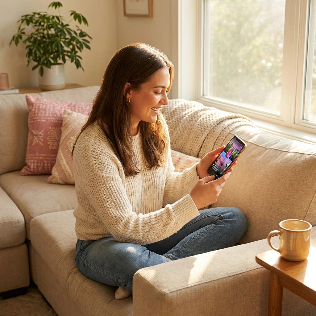 Woman sitting on a couch smiling while browsing Instagram Reels on her smartphone, discovering trending content.