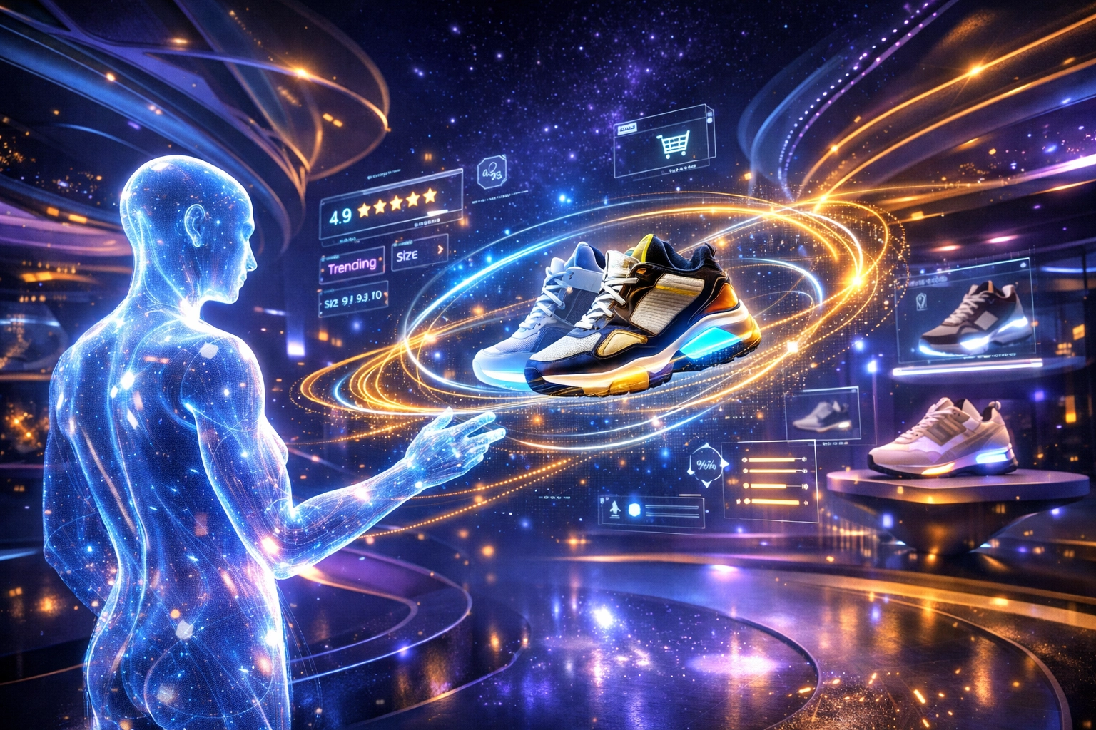 Personalized metaverse shopping experience where AI reacts to a digital avatar browsing items in a futuristic store.