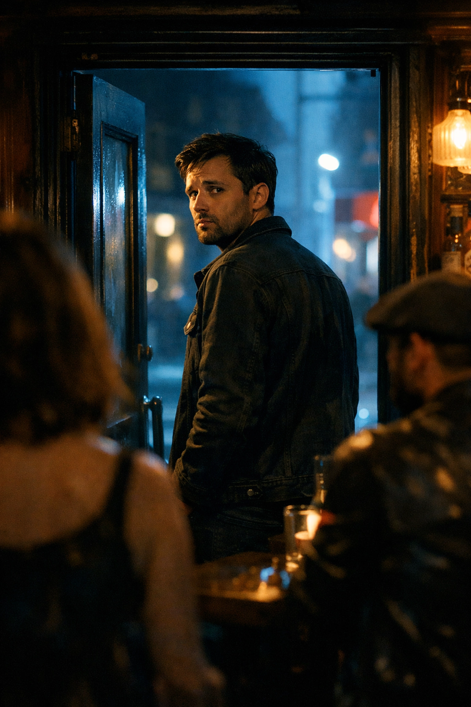 Man looking back into gay cruising bar from doorway representing choice and missed connections