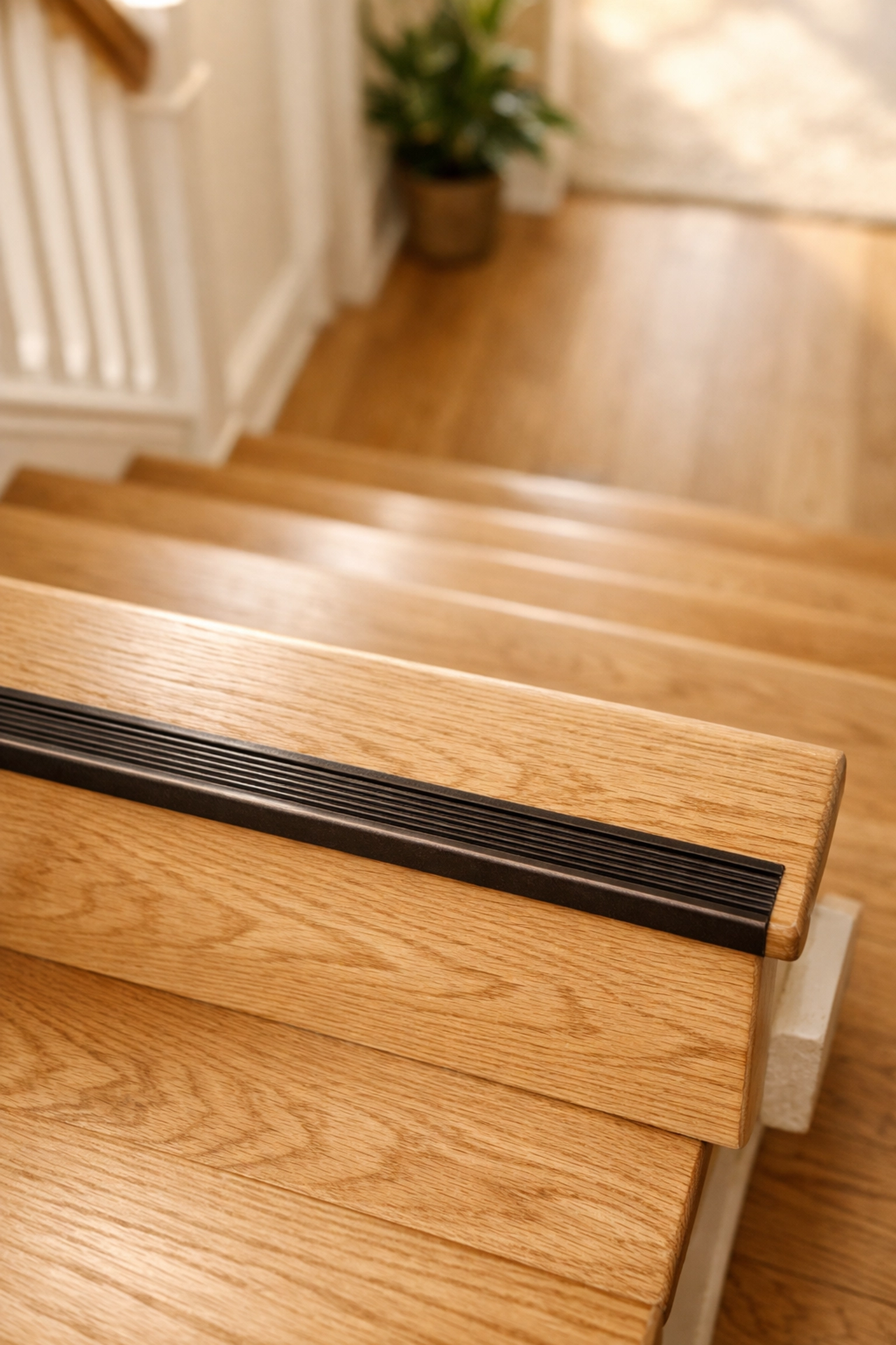 Light oak stairs with dark-bronze non-slip nosing to clearly mark step edges for fall prevention.