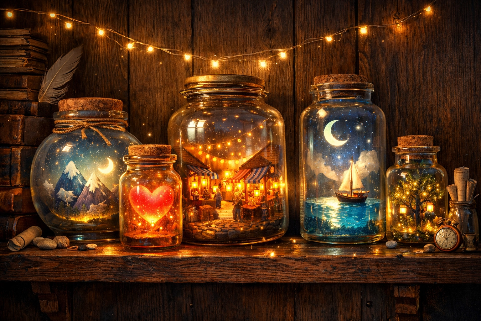 Whimsical glowing memory jars on a shelf symbolizing a story bank for small business content marketing.