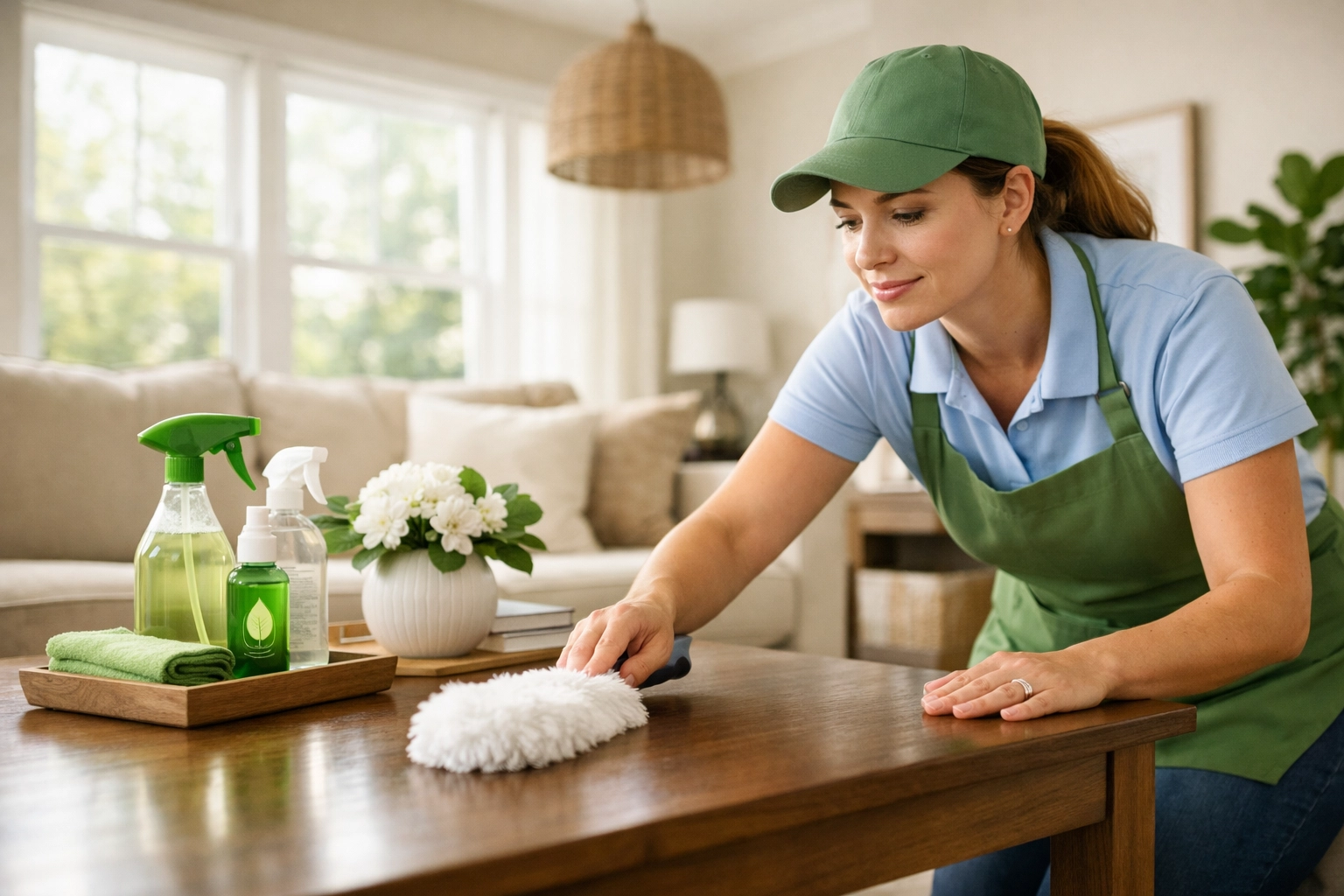 Professional cleaner dusting living room during recurring house cleaning service in Greenville home