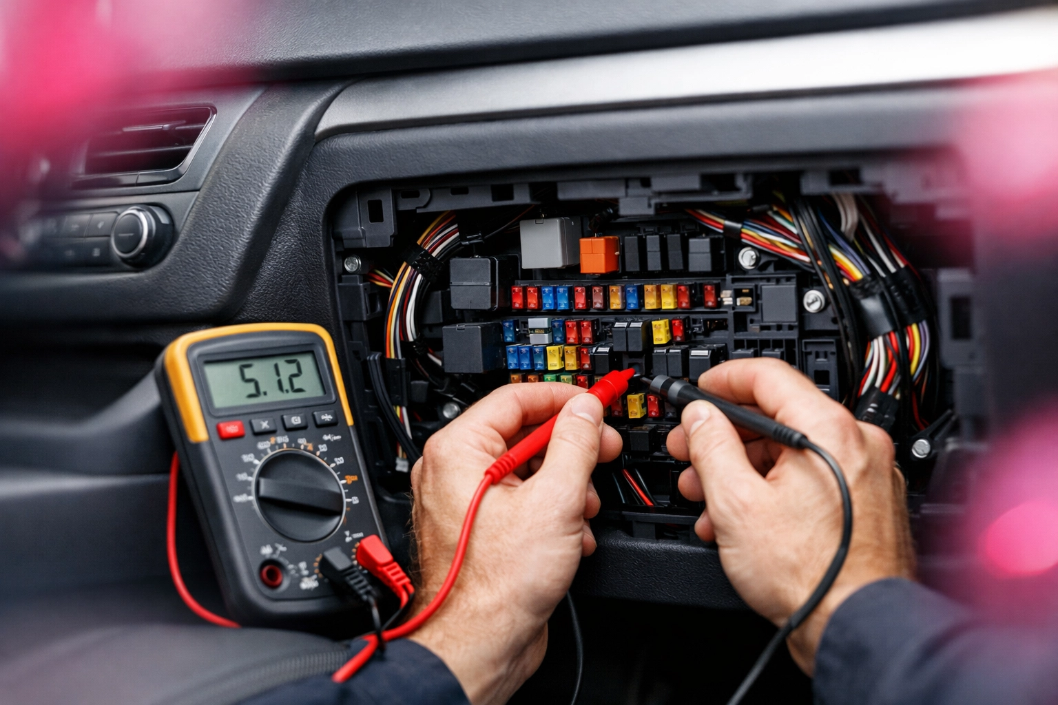 Professional electrical diagnostic test on a car's AC system to identify cooling issues before the summer heat.
