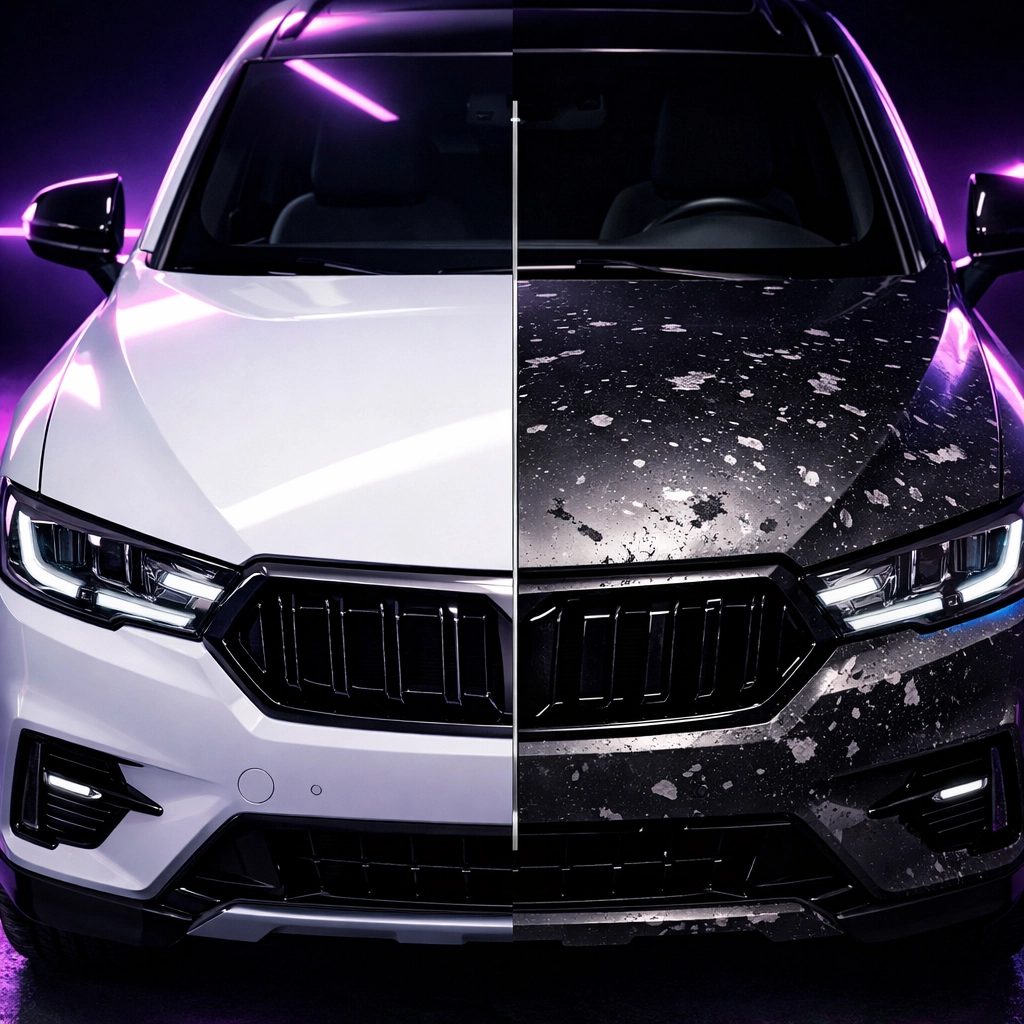 Paint Protection Film before and after comparison showing protection from rock chips and scratches