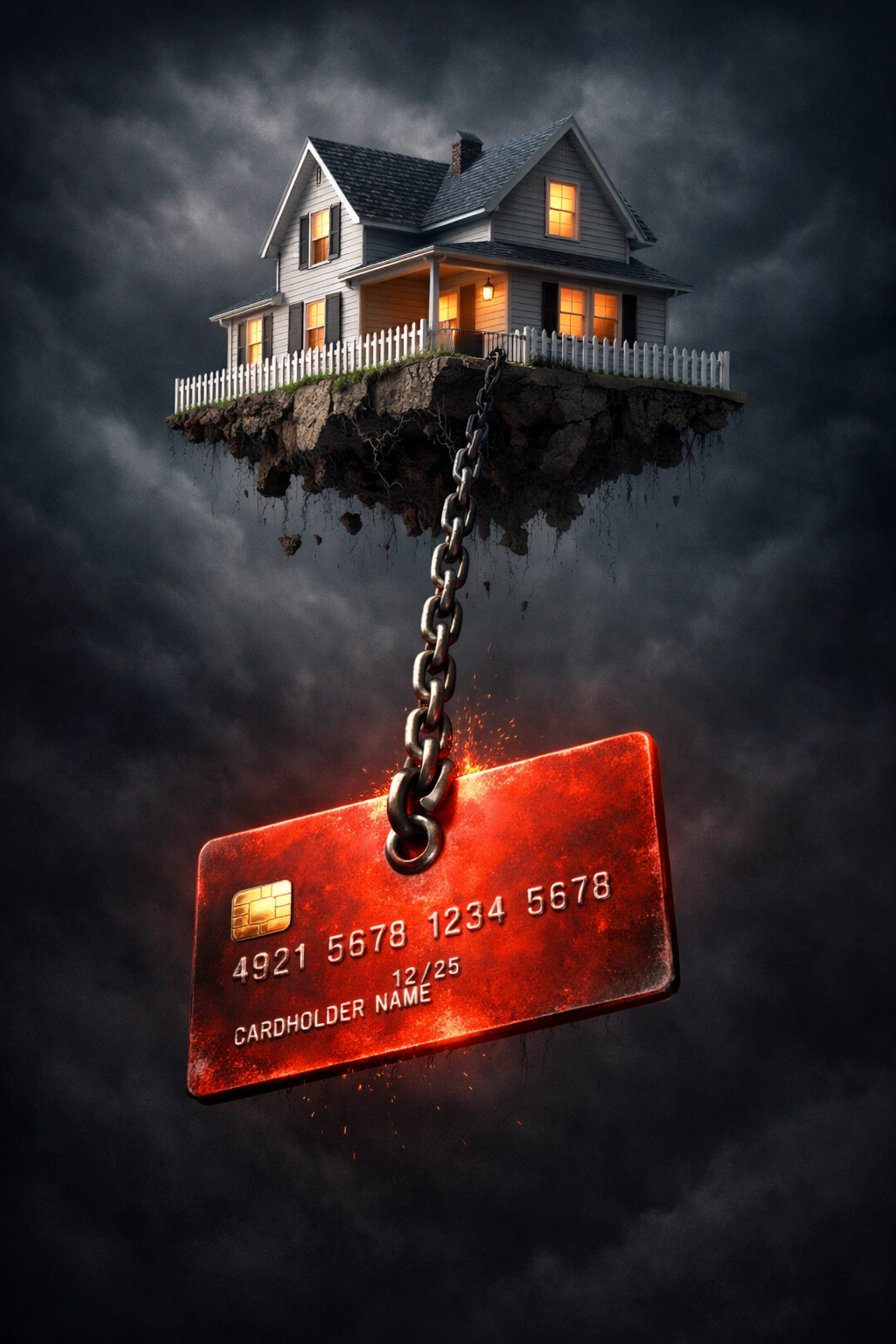 An American home chained to a massive credit card, illustrating the heavy burden of household debt.