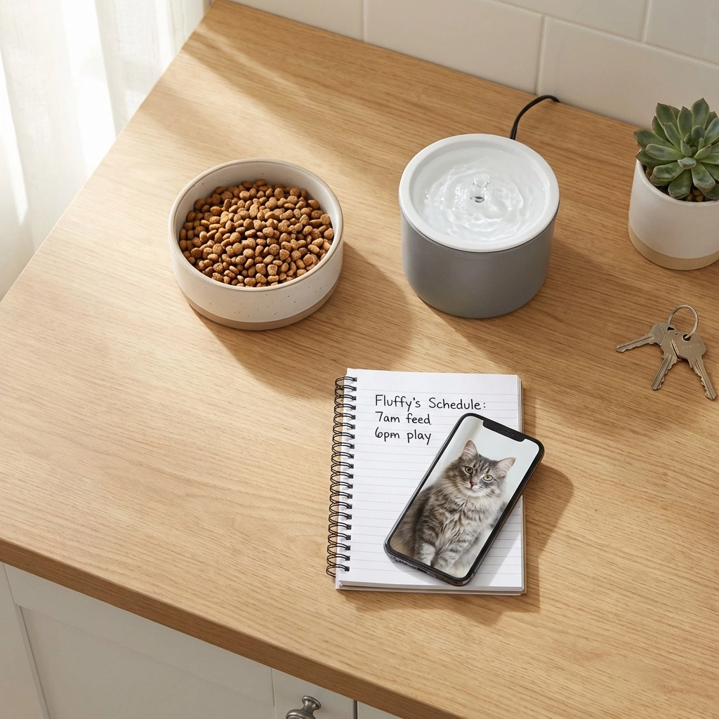A well-organized cat care station with food, water, notes, and a phone displaying cat sitter updates, showing professionalism in Bay Area cat sitting.