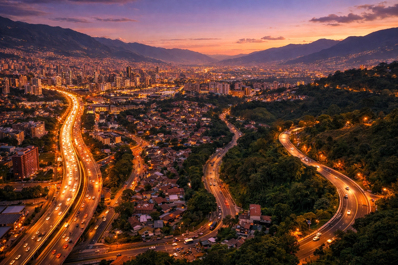 Multiple route options through Medellin cityscape showing arterial roads and alternative paths for secure transport