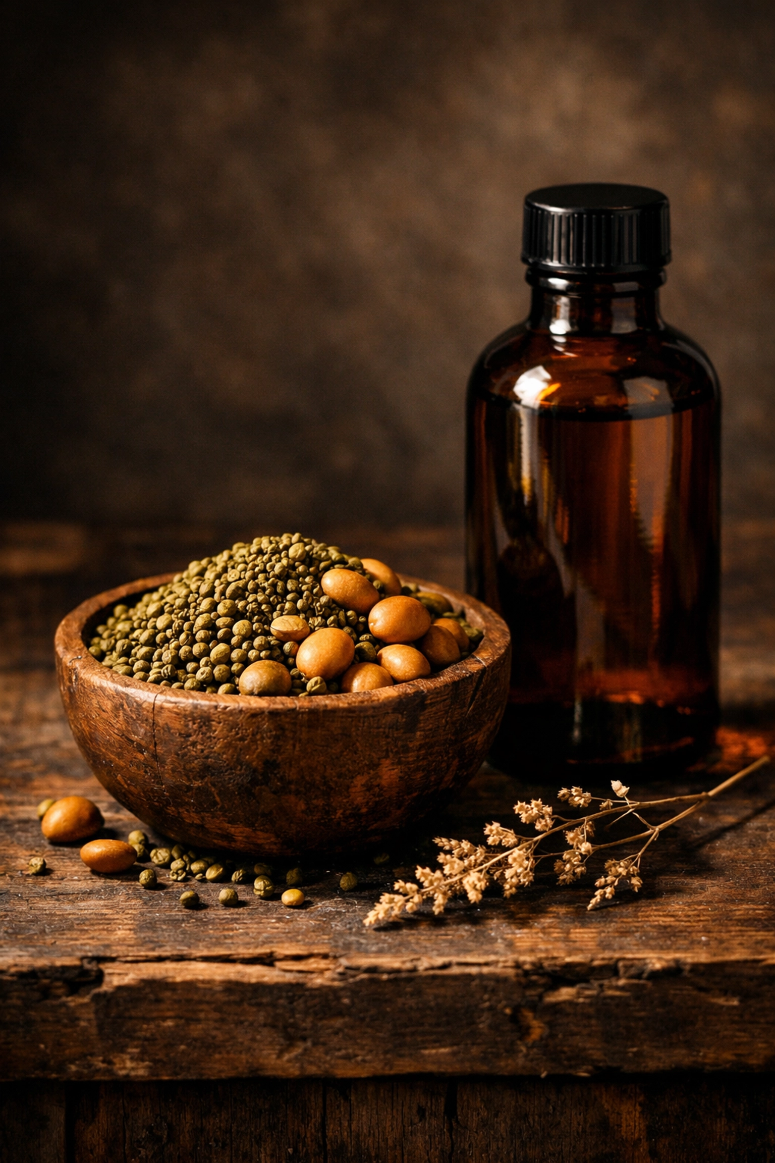 Artisanal beard oil bottle surrounded by natural cold-pressed broccoli seeds and jojoba beans.