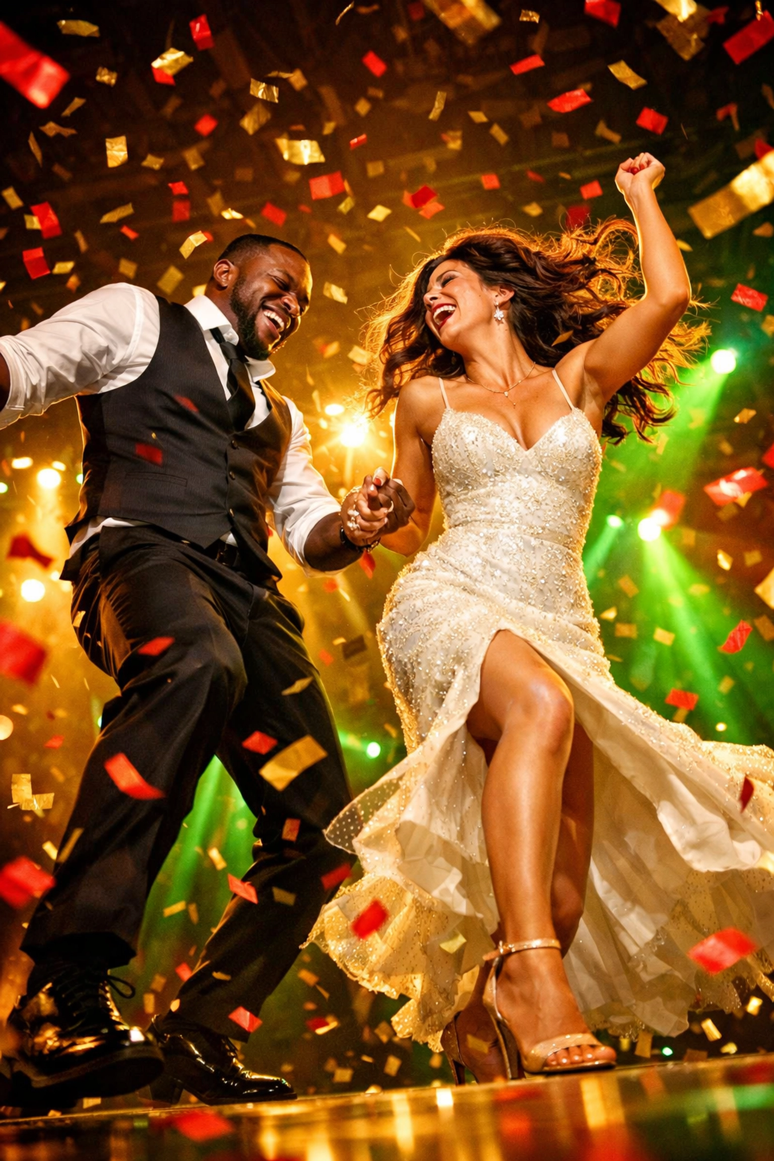 A happy couple dancing at their reception to custom songs for weddings under warm gold and green lights.