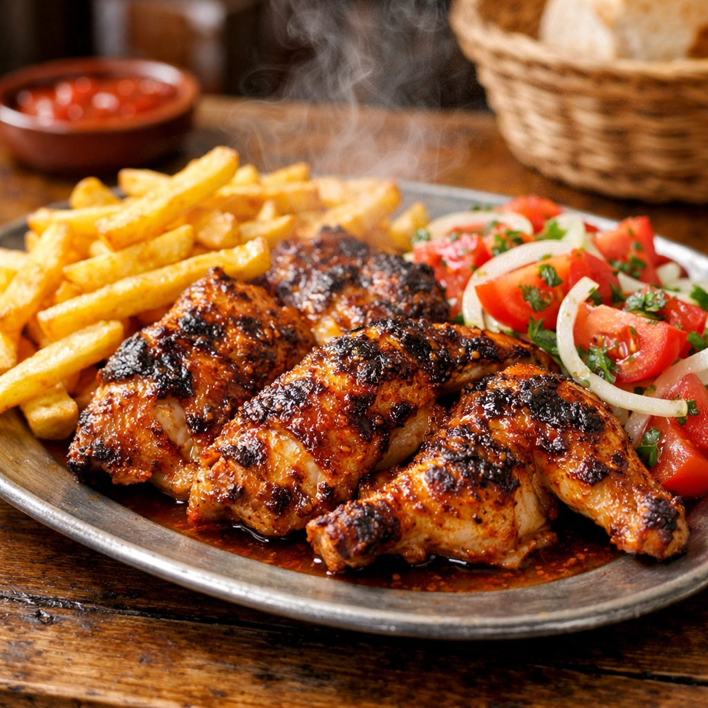 A steaming plate of Piri-Piri chicken and fries, one of the best cheap eats for budget travelers in Lisbon.
